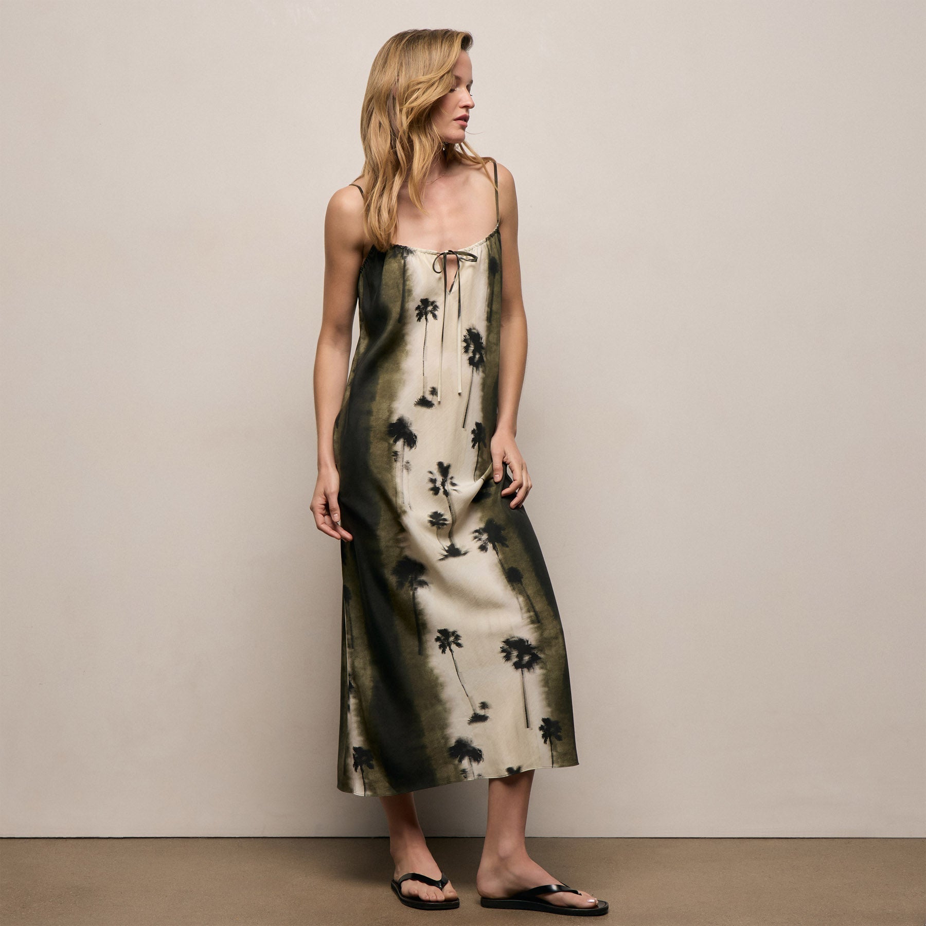 Printed Washed Silk Strappy Cami Dress - Ombre Palm Print