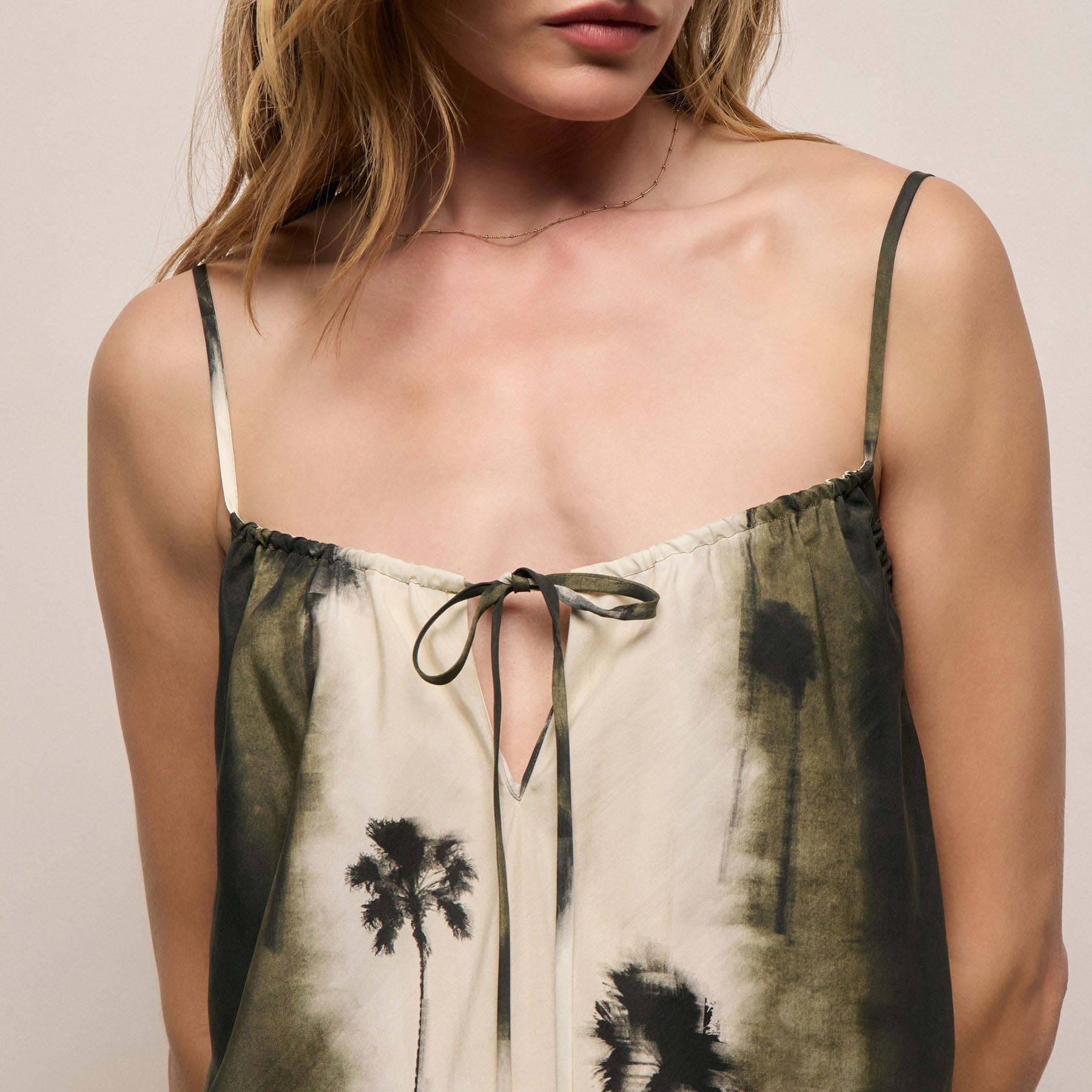 Printed Washed Silk Strappy Cami Dress - Ombre Palm Print