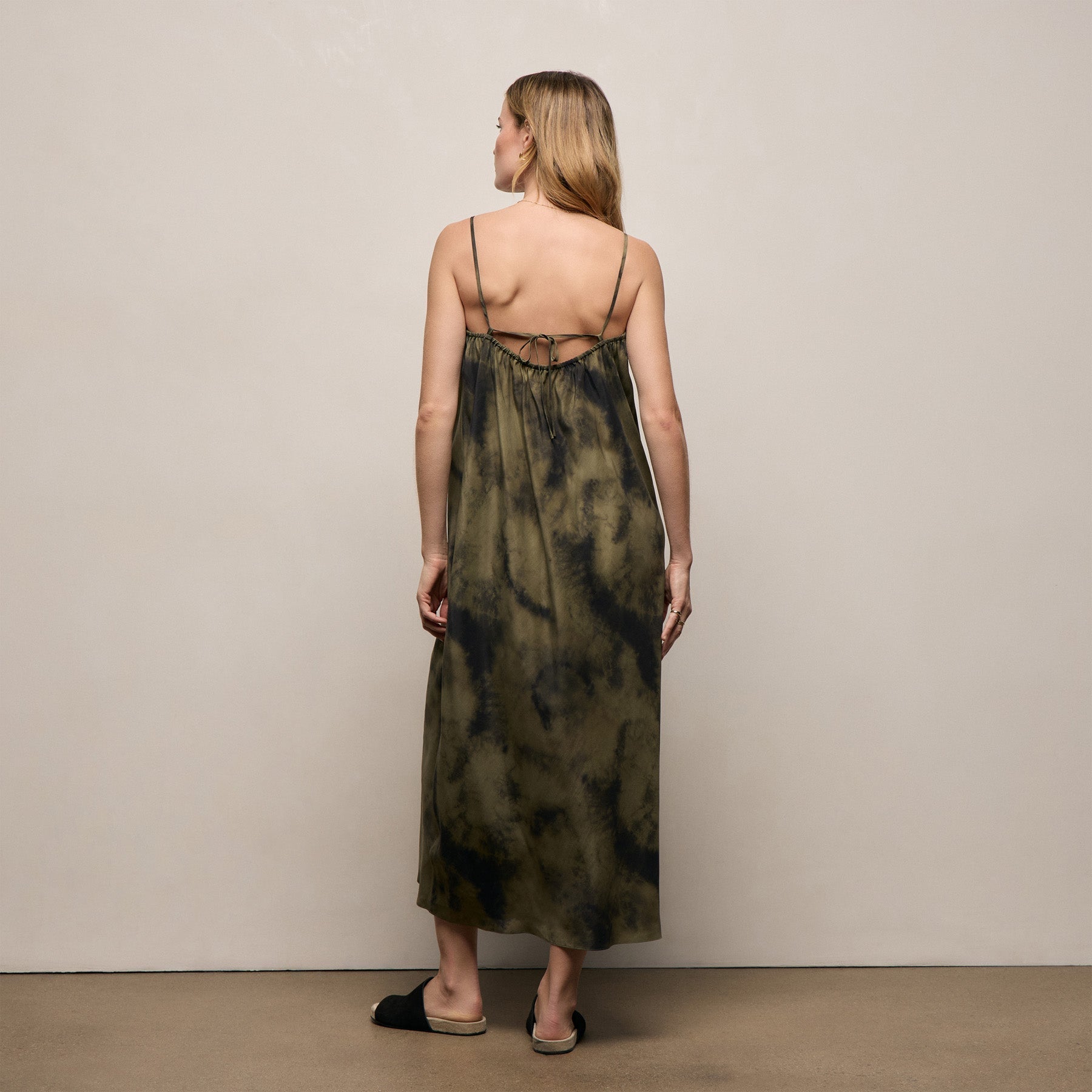 Printed Washed Silk Strappy Cami Dress - Tie Dye Green