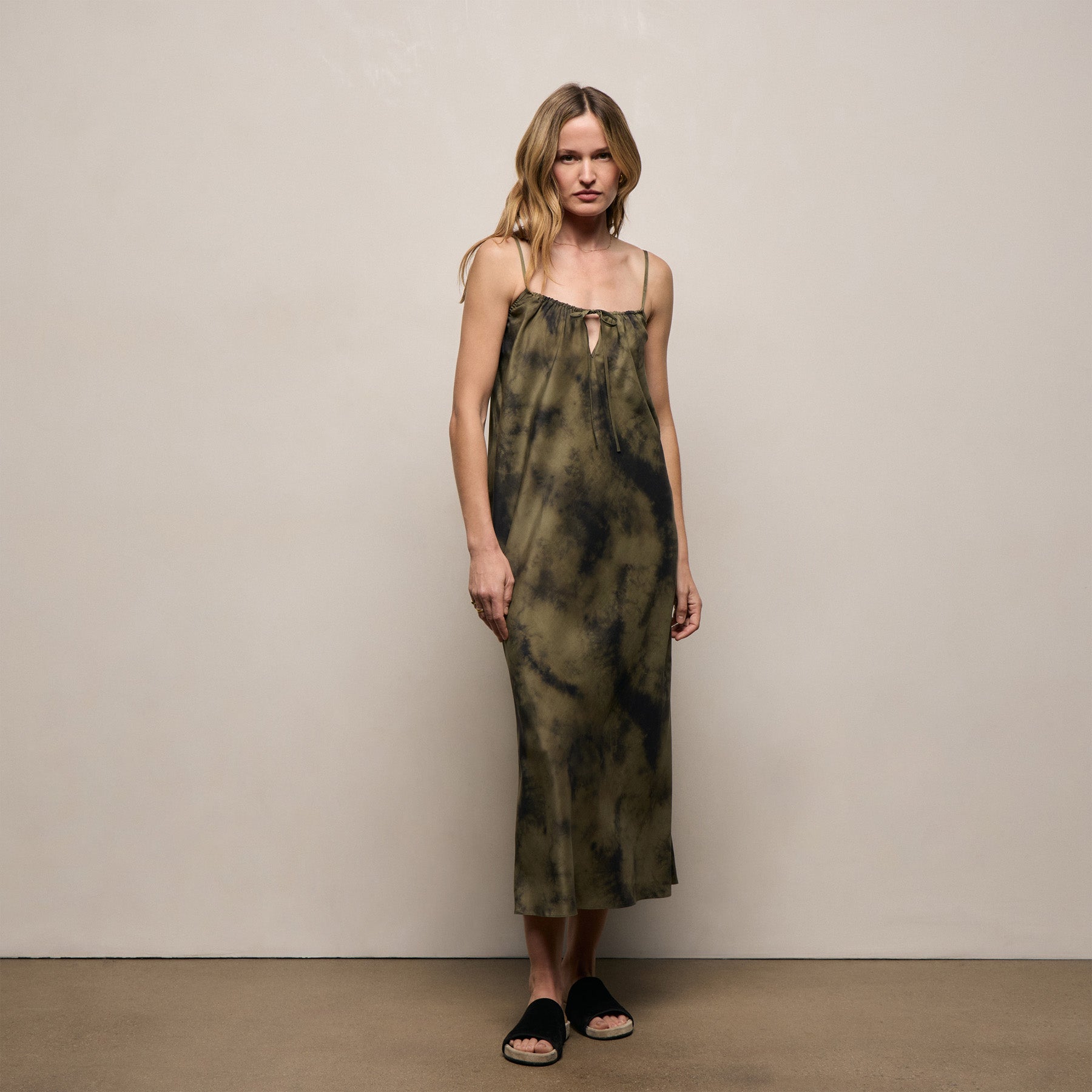 Printed Washed Silk Strappy Cami Dress - Tie Dye Green