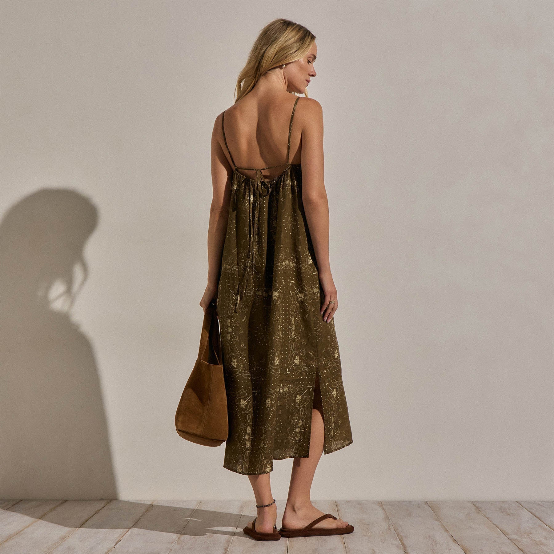 Palm Paisley Linen Strappy Tie Dress - Brown Bandana Print
