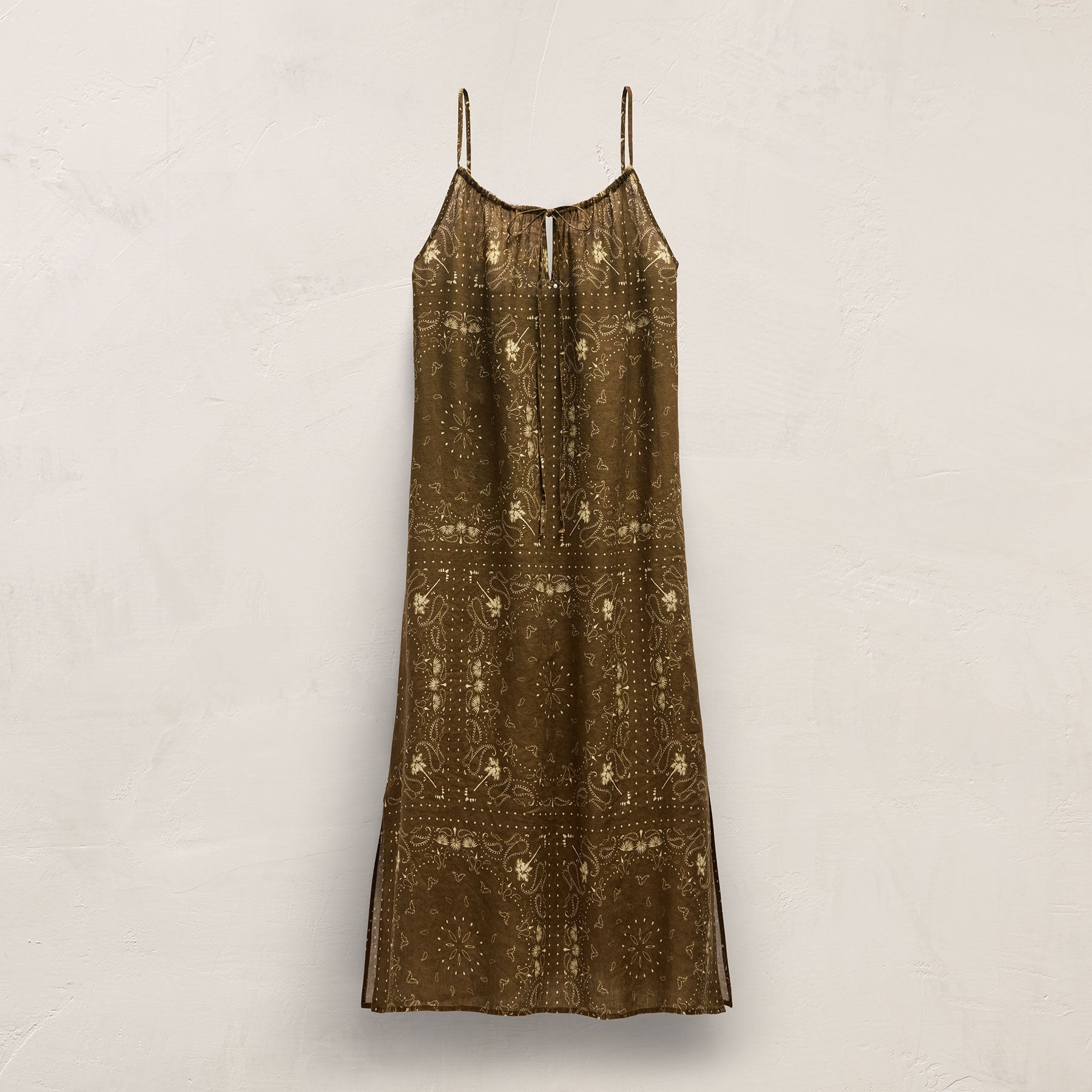 Palm Paisley Linen Strappy Tie Dress - Brown Bandana Print