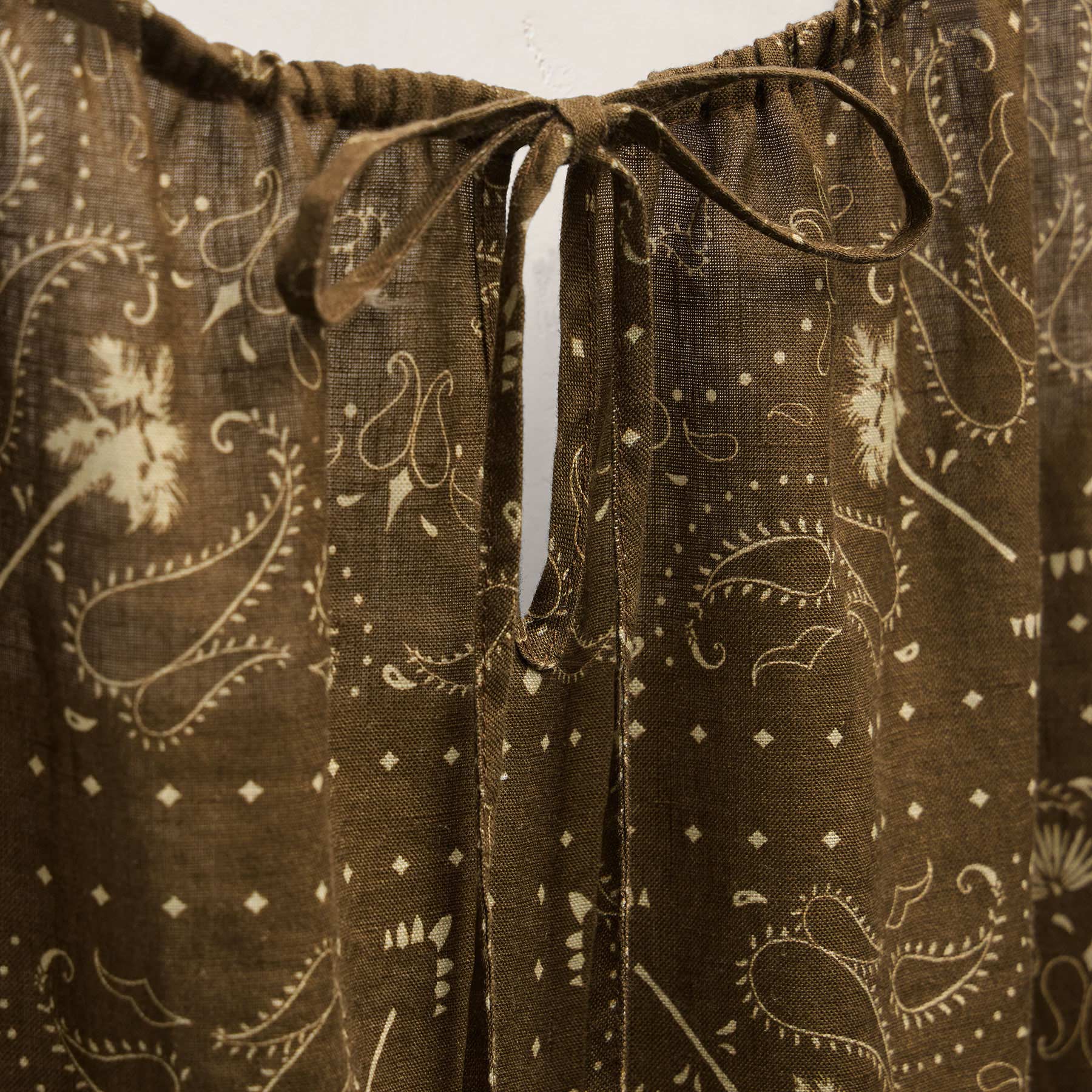 Palm Paisley Linen Strappy Tie Dress - Brown Bandana Print