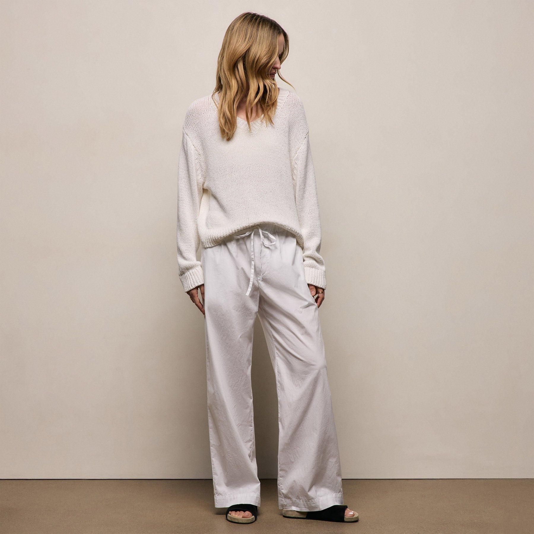 Stretch Poplin Drawcord Pant - White