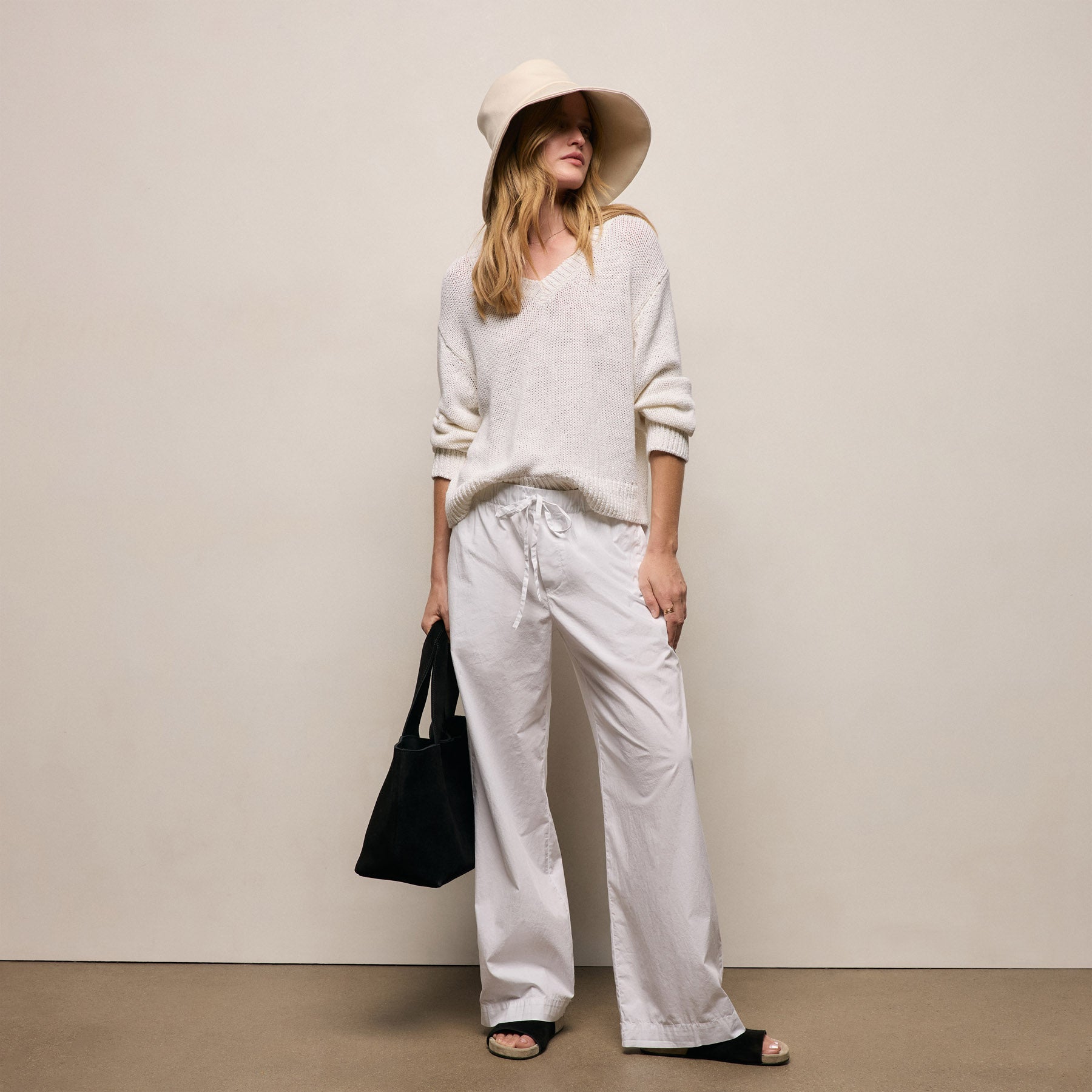 Stretch Poplin Drawcord Pant - White