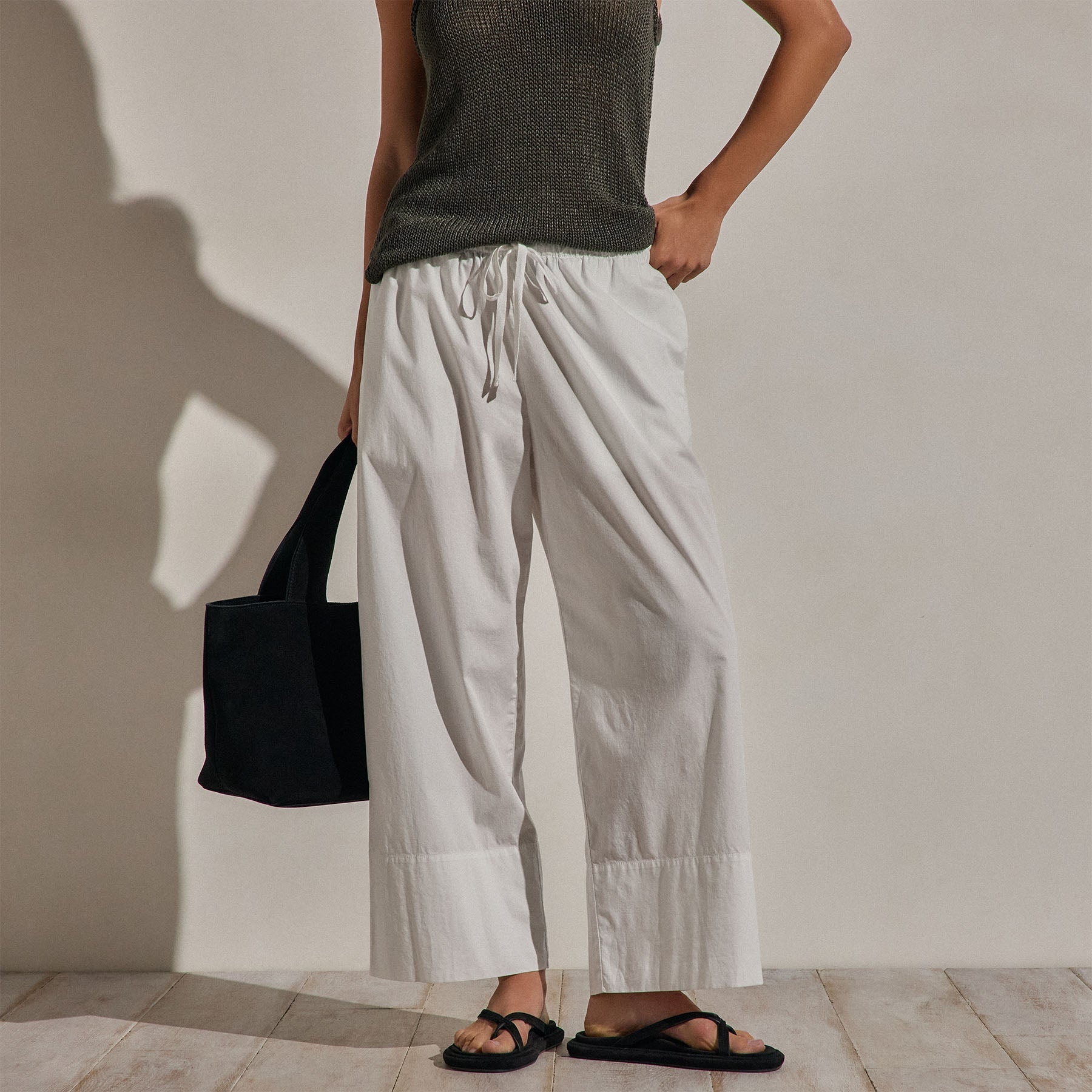 Cotton Linen Poplin Wide Cuff Pant - White