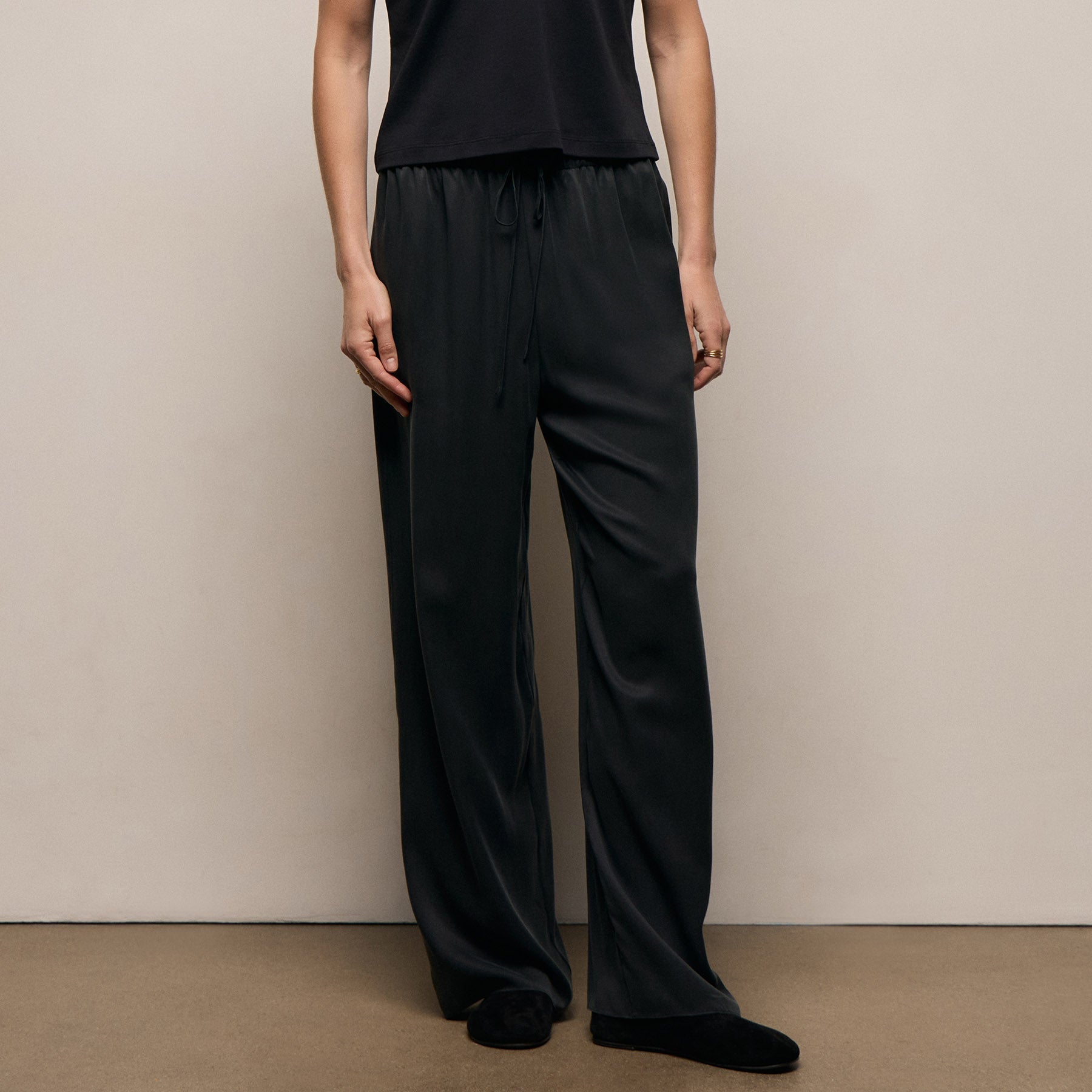 Silk Charmeuse Drawstring Pant - Black
