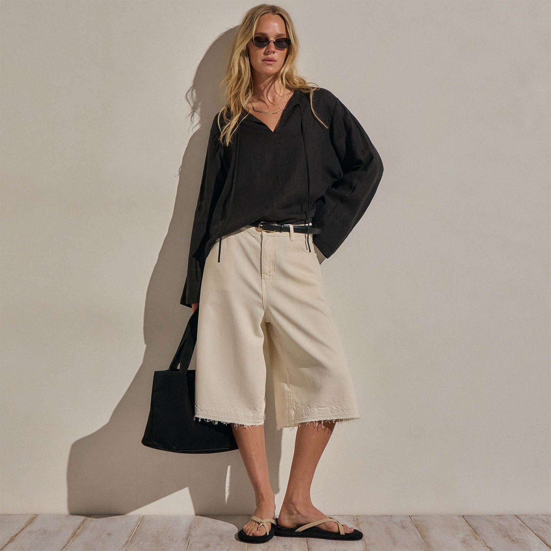 Denim Wide Leg Bermuda Short - Ecru