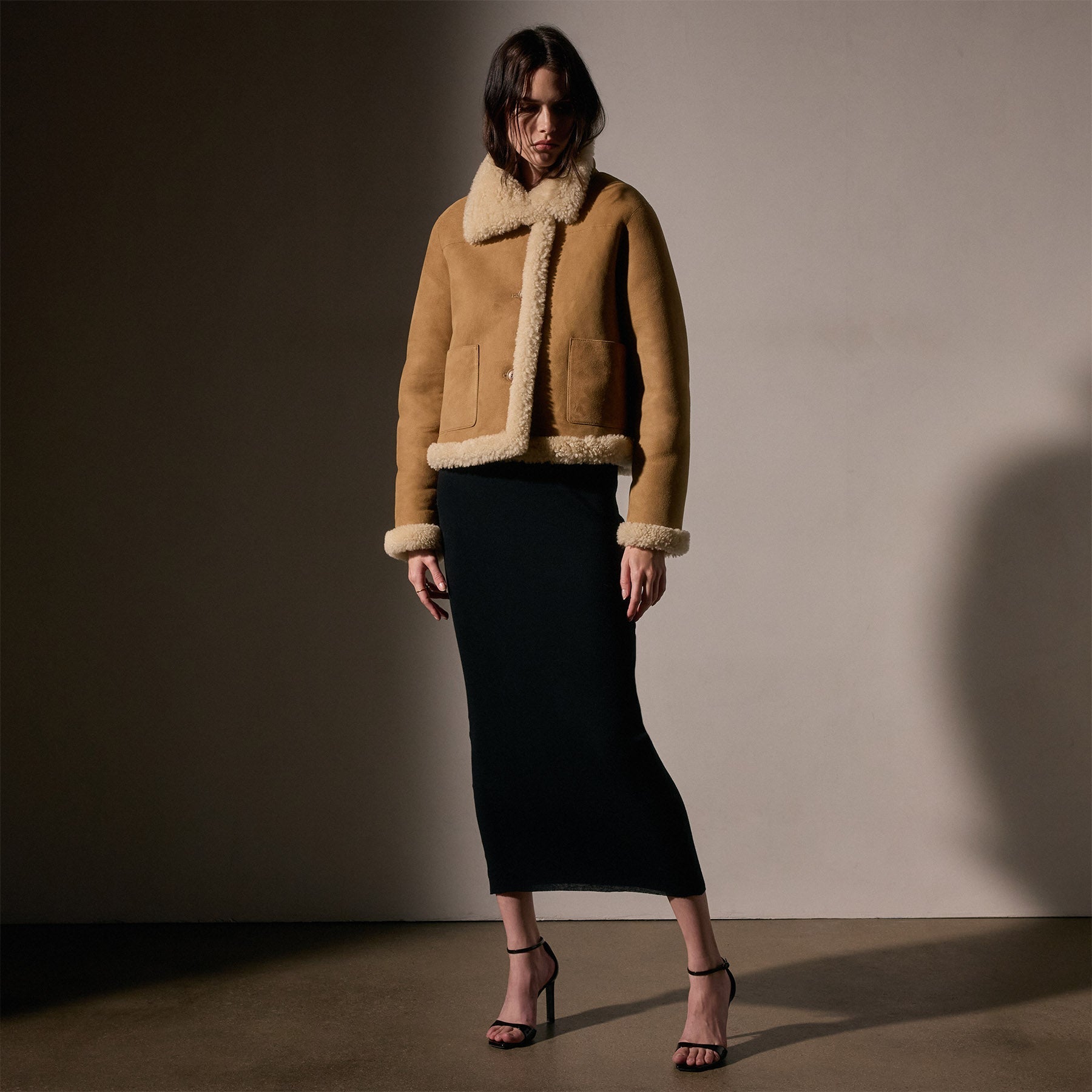 Cropped Shearling Jacket  - Caramel