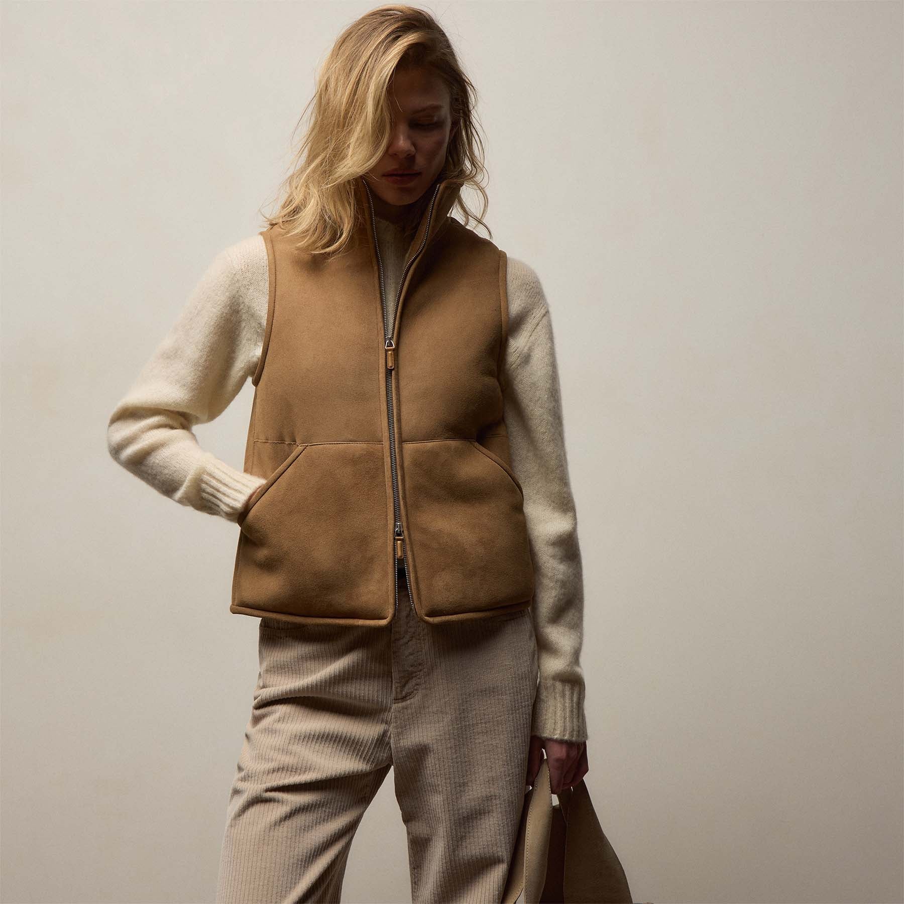 Suede Shearling Vest - Caramel