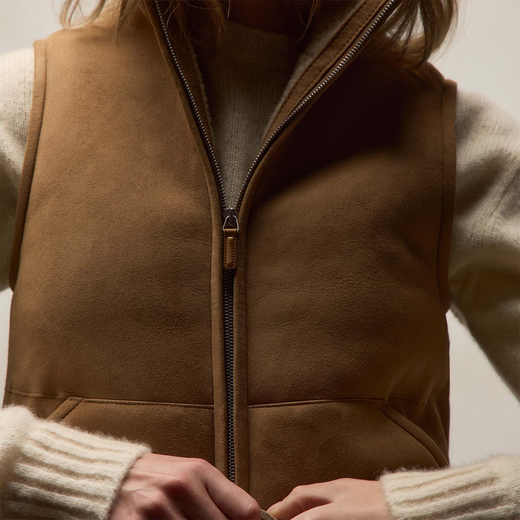 Suede Shearling Vest - Caramel