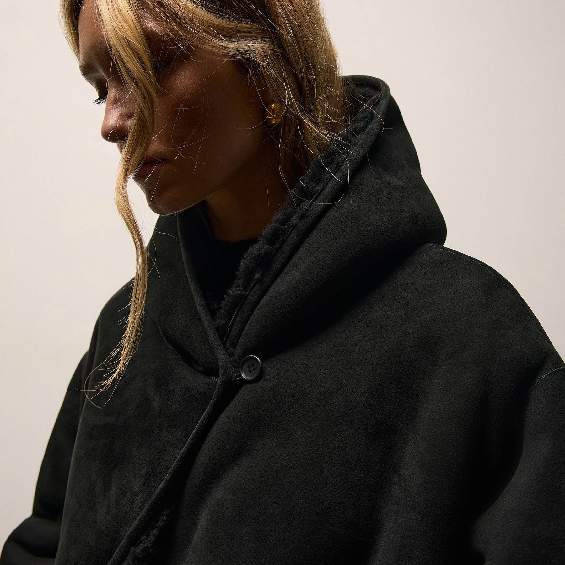 Long Suede Shearling Hooded Coat - Black