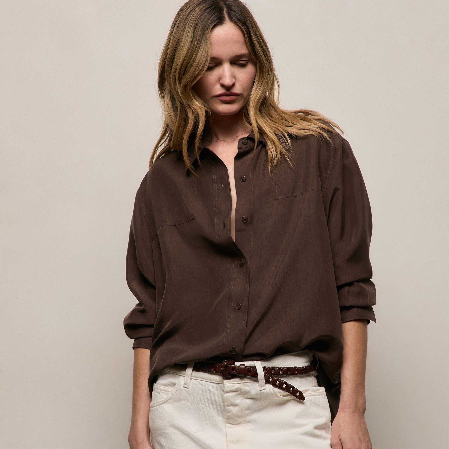 Washed Silk Patch Shirt - Washed Brown