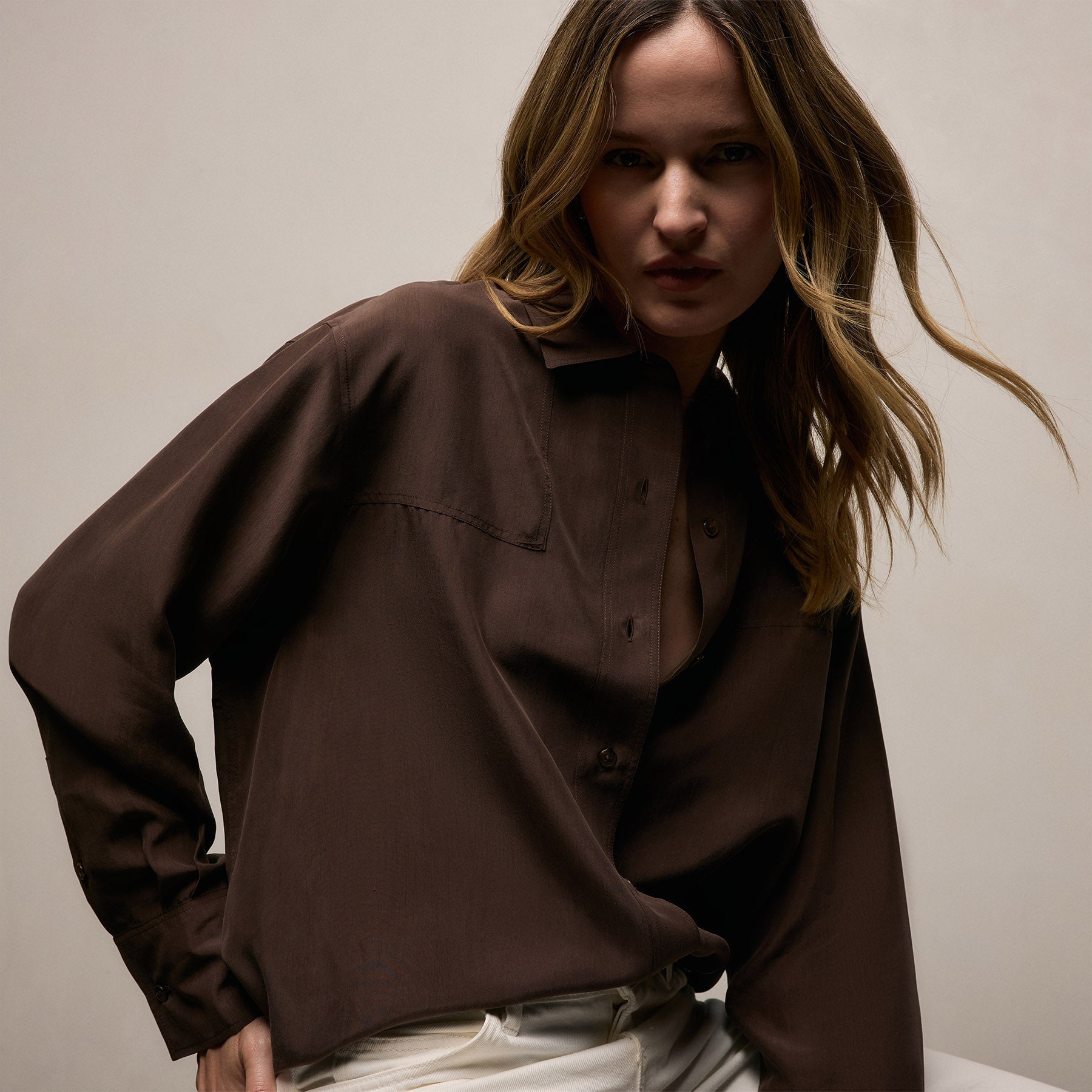 Washed Silk Patch Shirt - Washed Brown