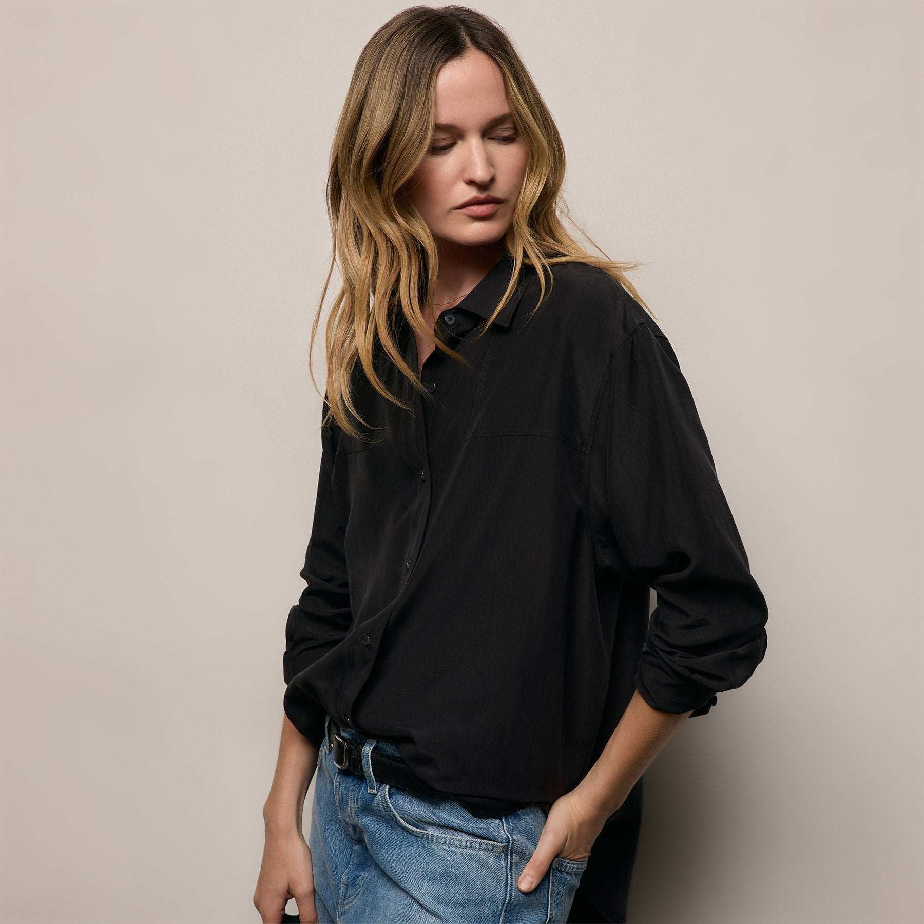 Washed Silk Patch Shirt - Washed Black