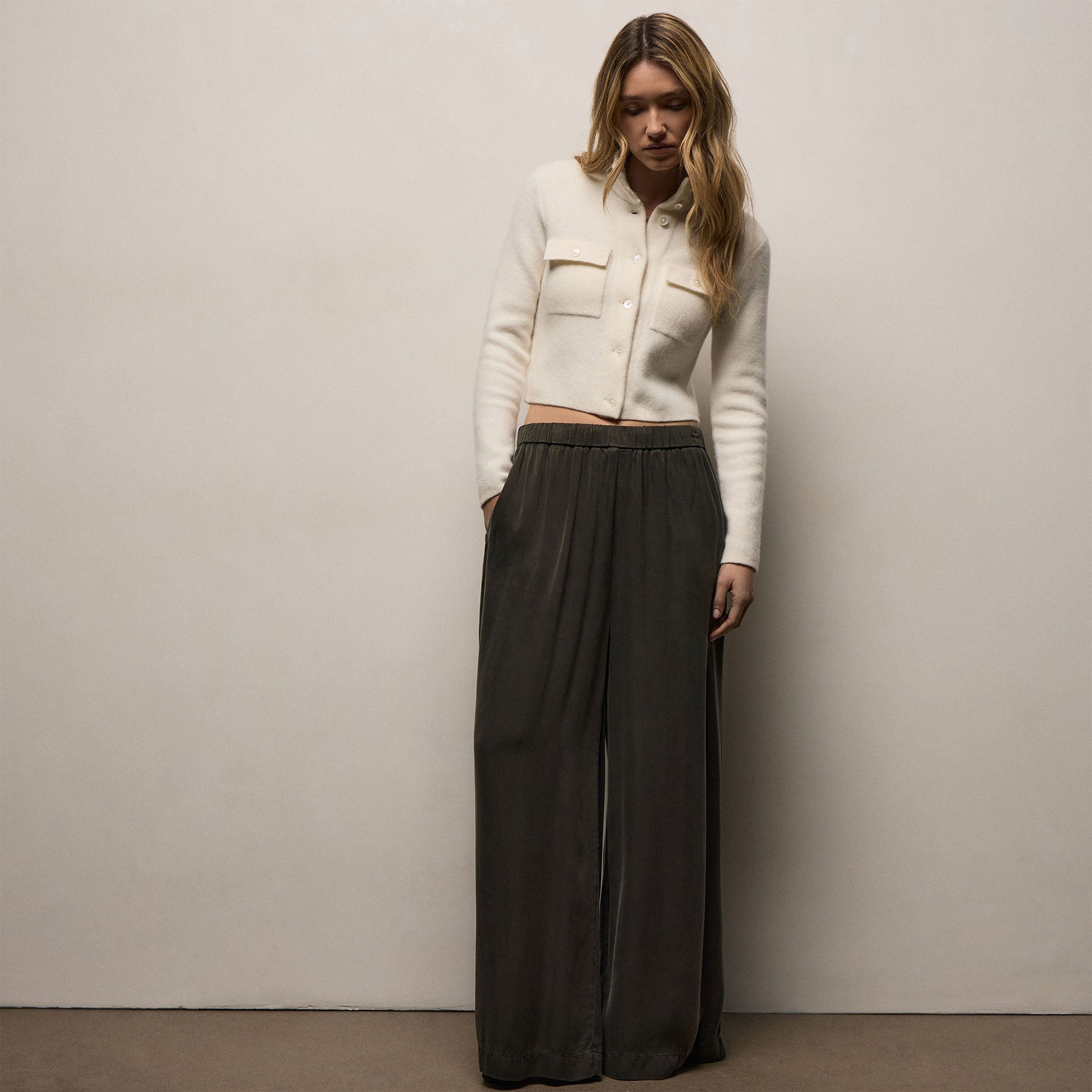 Satin Drawstring Wide Leg Pant - Hemlock Pigment