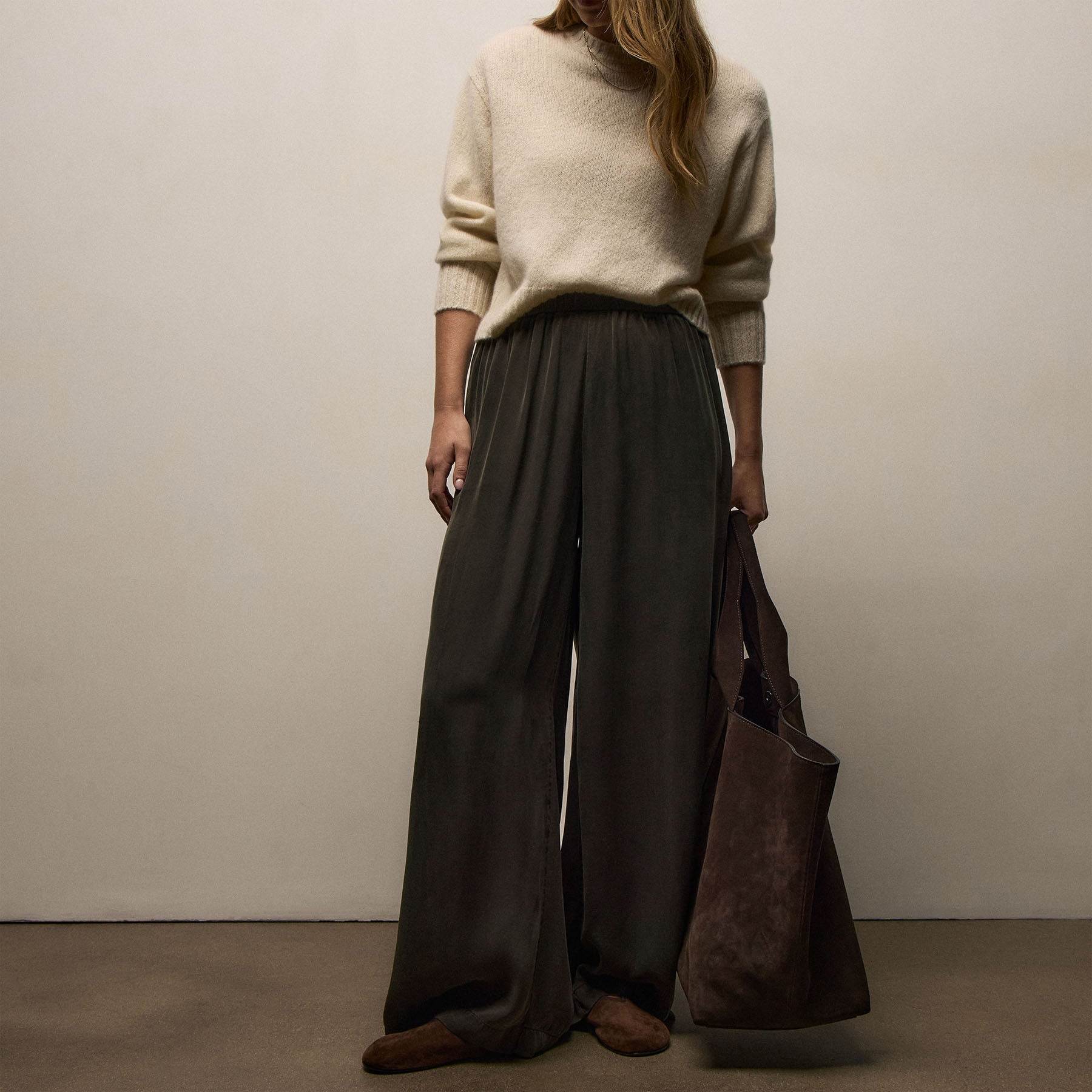 Satin Drawstring Wide Leg Pant - Hemlock Pigment