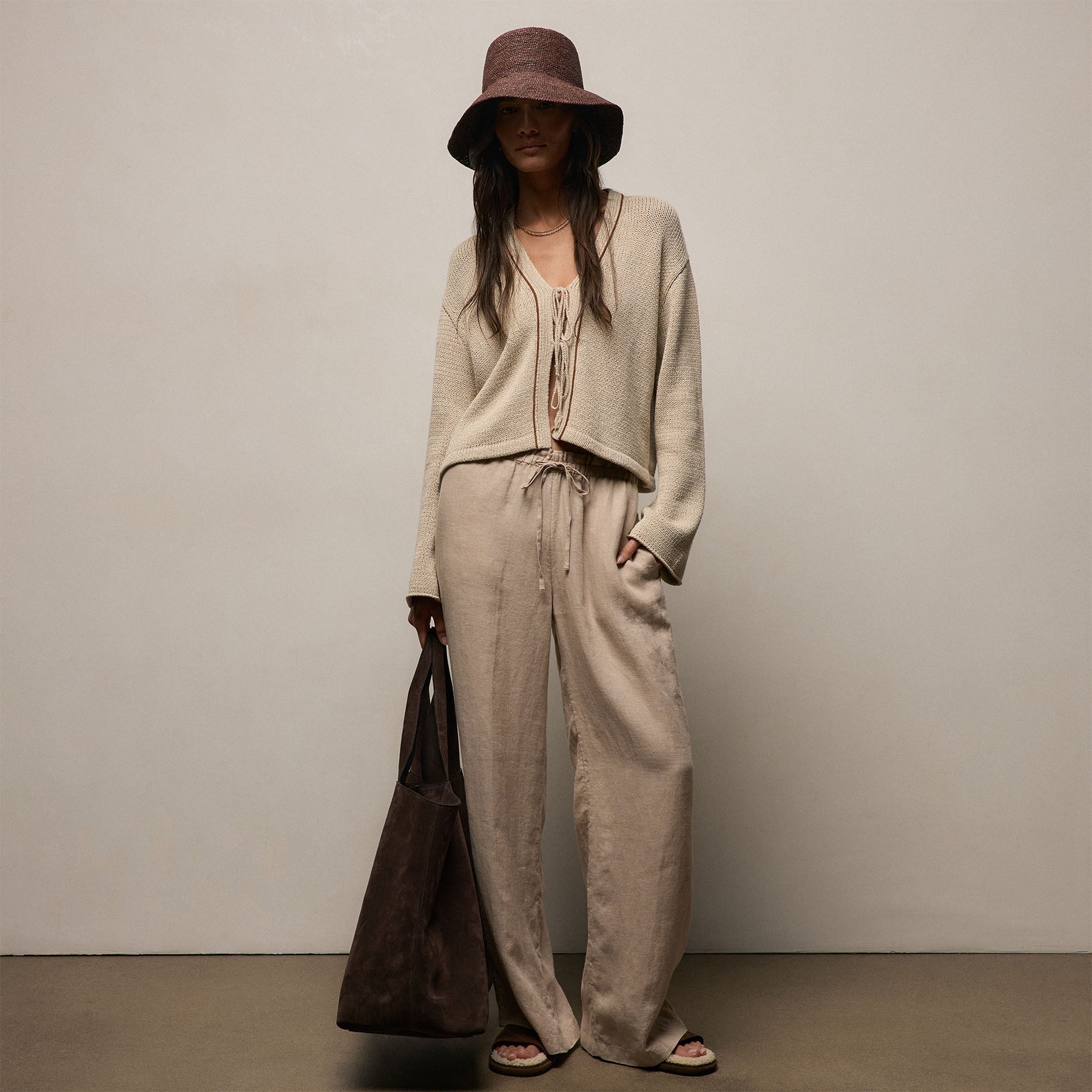 Baja Tie Front Cardigan - Natural/Tobacco