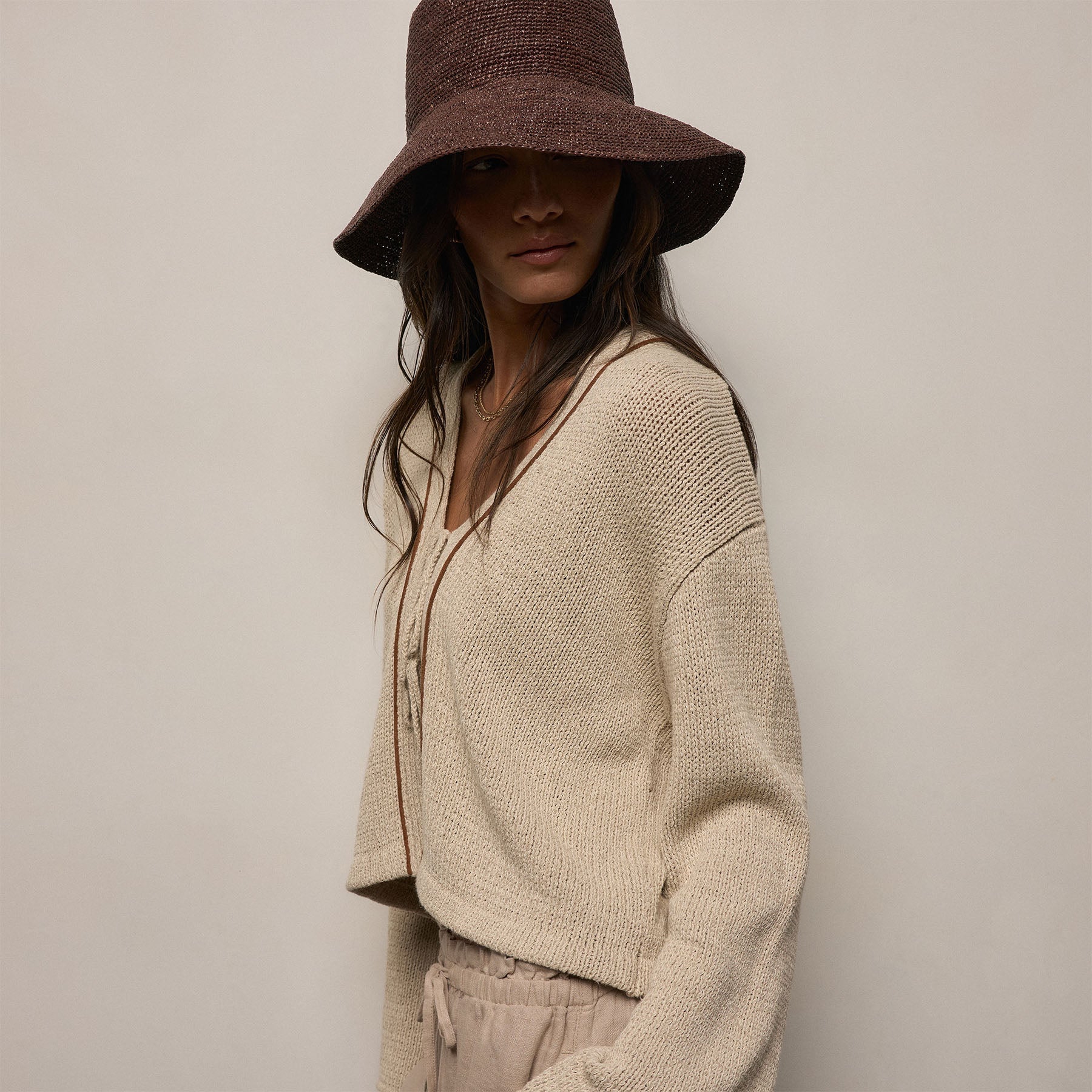 Baja Tie Front Cardigan - Natural/Tobacco