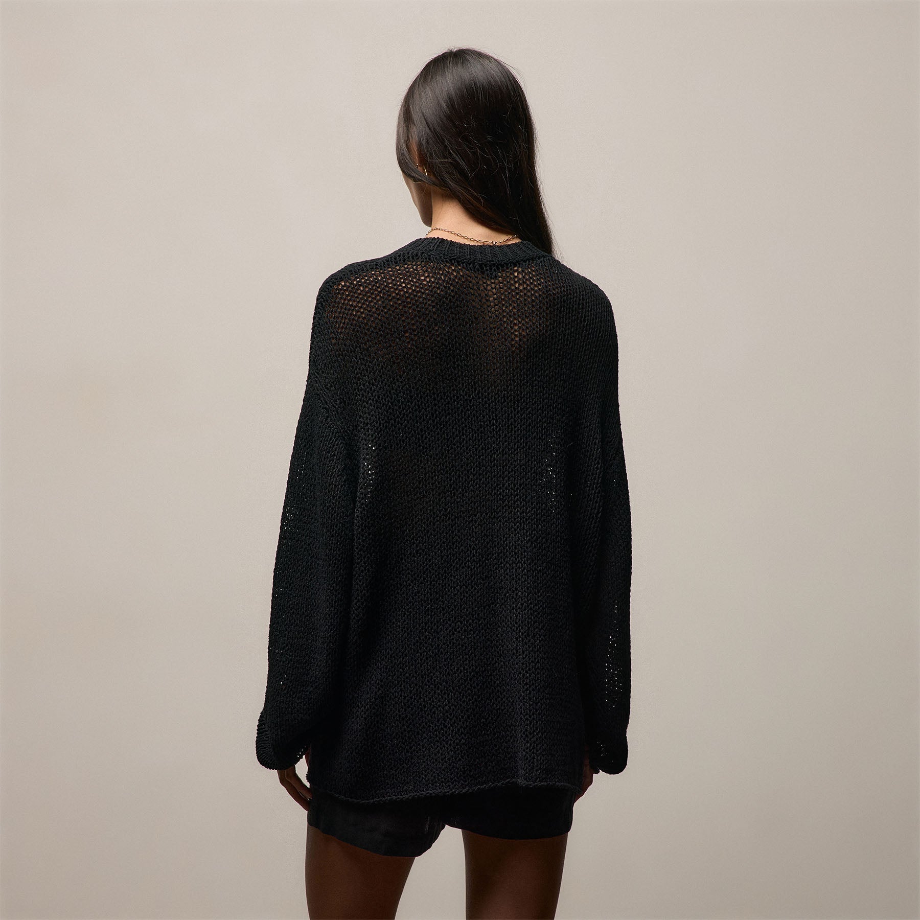 Oversized Cotton Linen Beach Sweater - Black