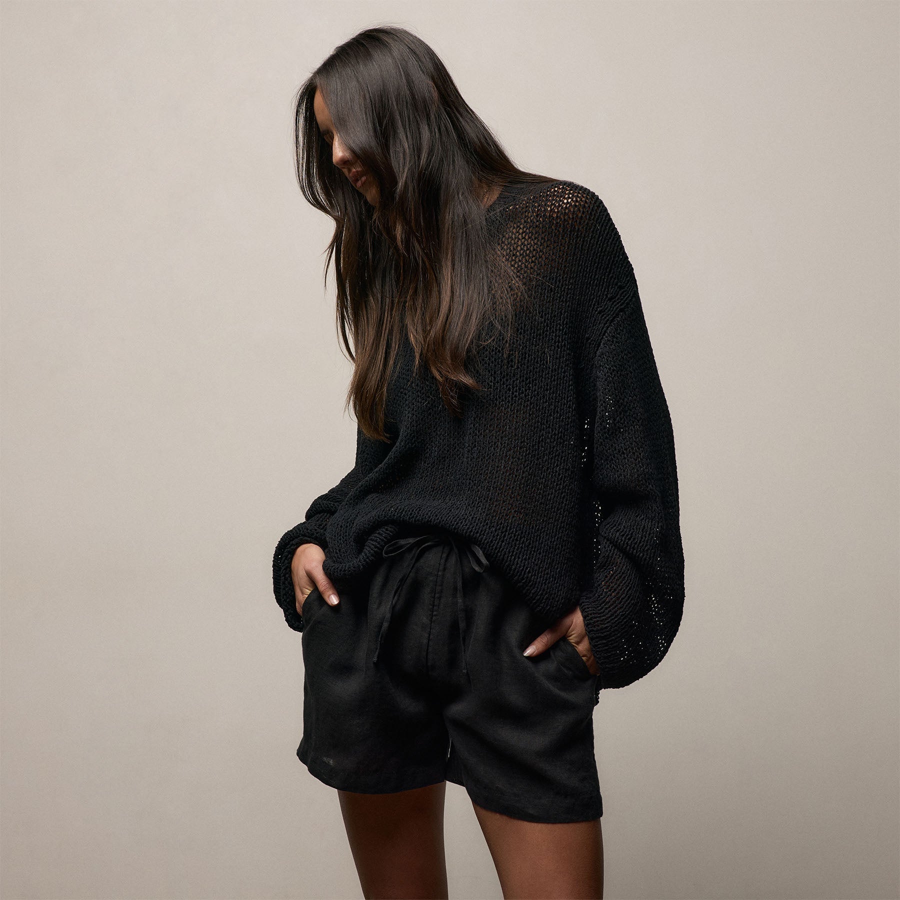 Oversized Cotton Linen Beach Sweater - Black
