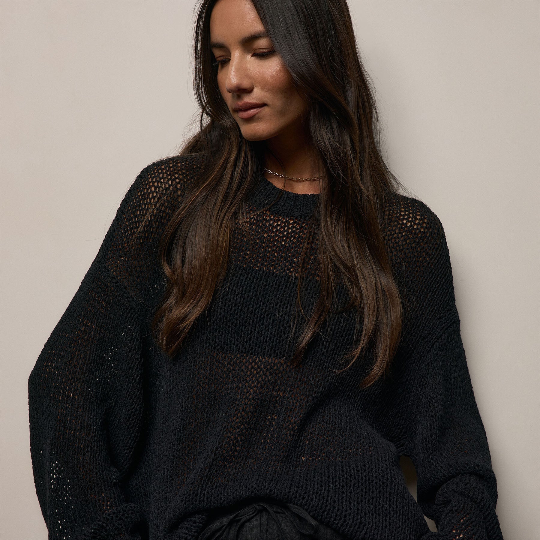 Oversized Cotton Linen Beach Sweater - Black