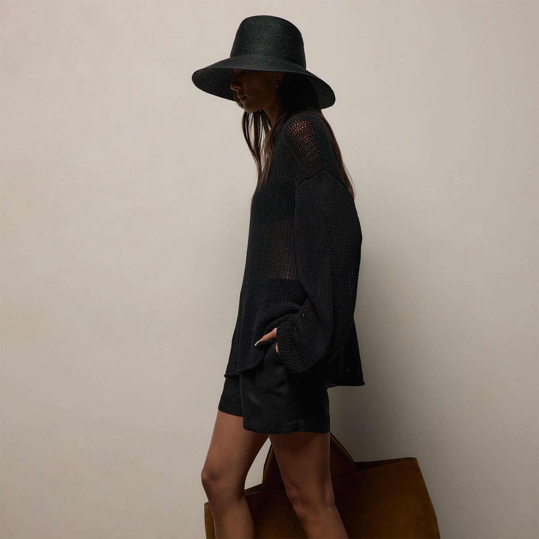 Oversized Cotton Linen Beach Sweater - Black