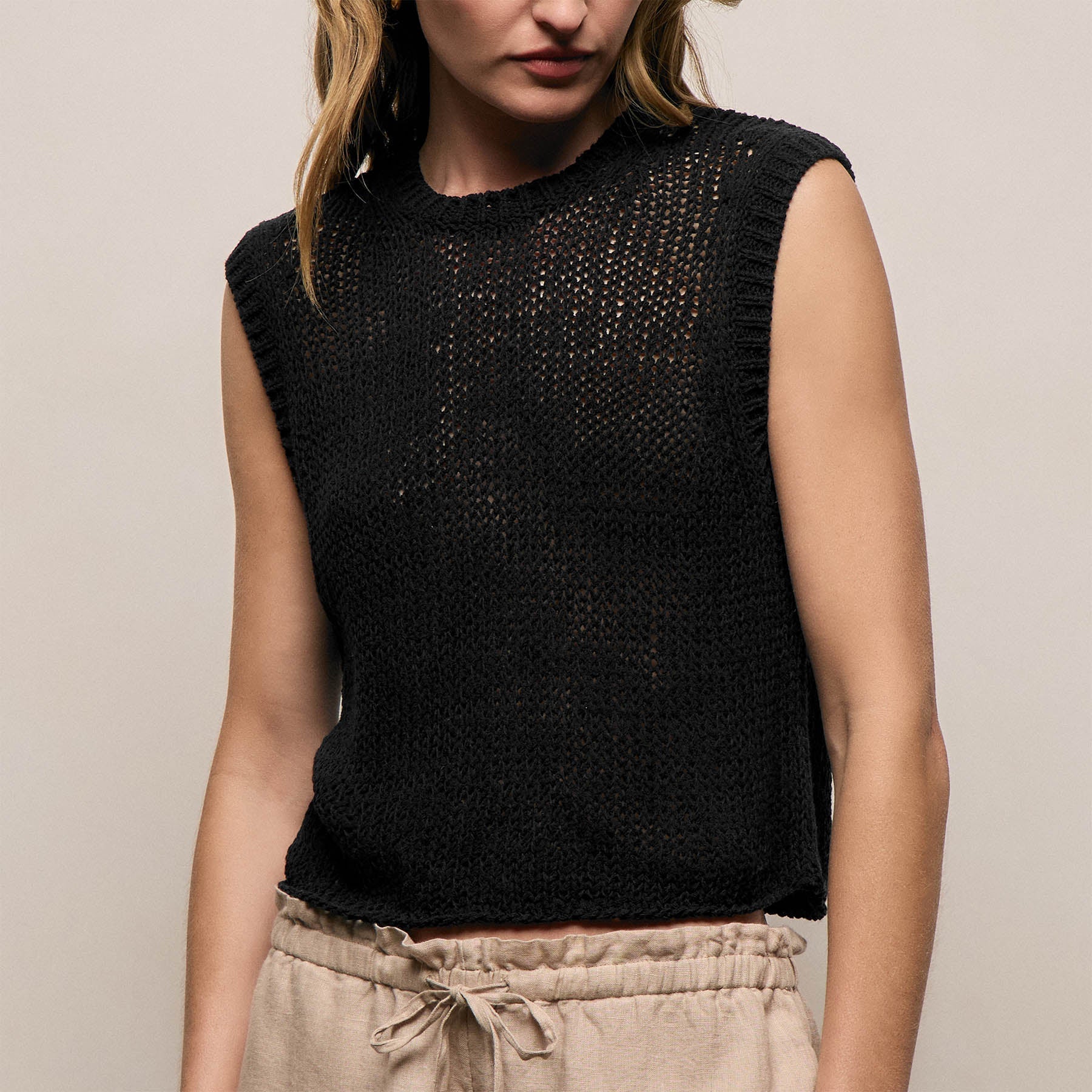 Cotton Linen Sweater Tank - Black