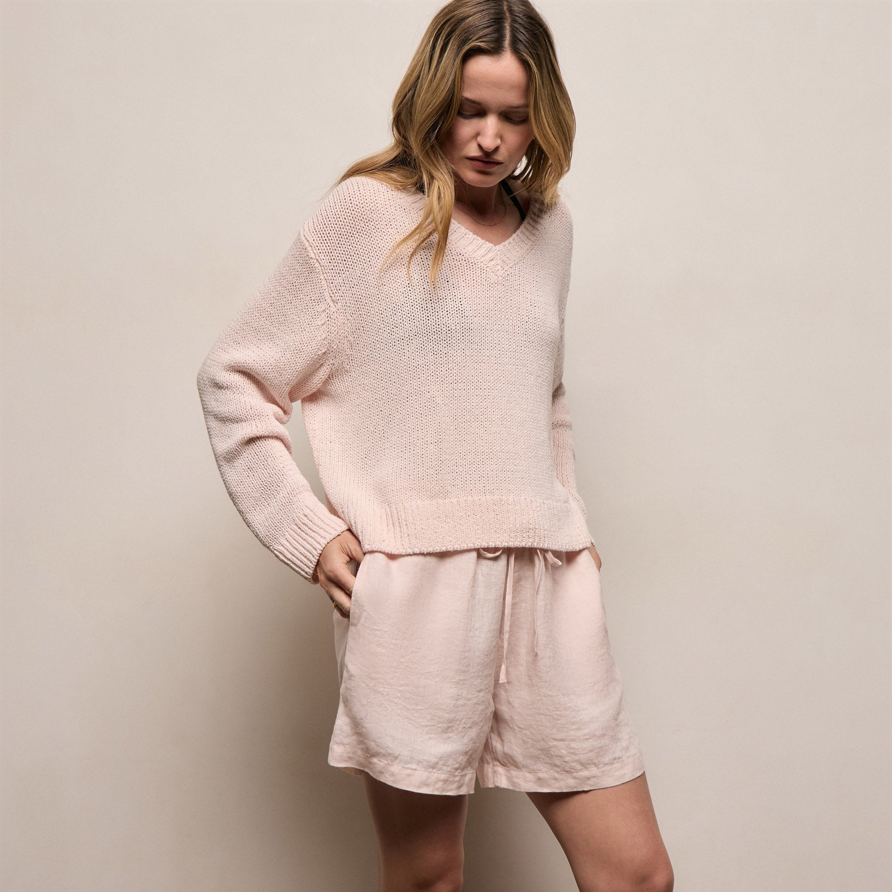 Cotton Linen V Neck Boxy Sweater - Light Rose Quartz