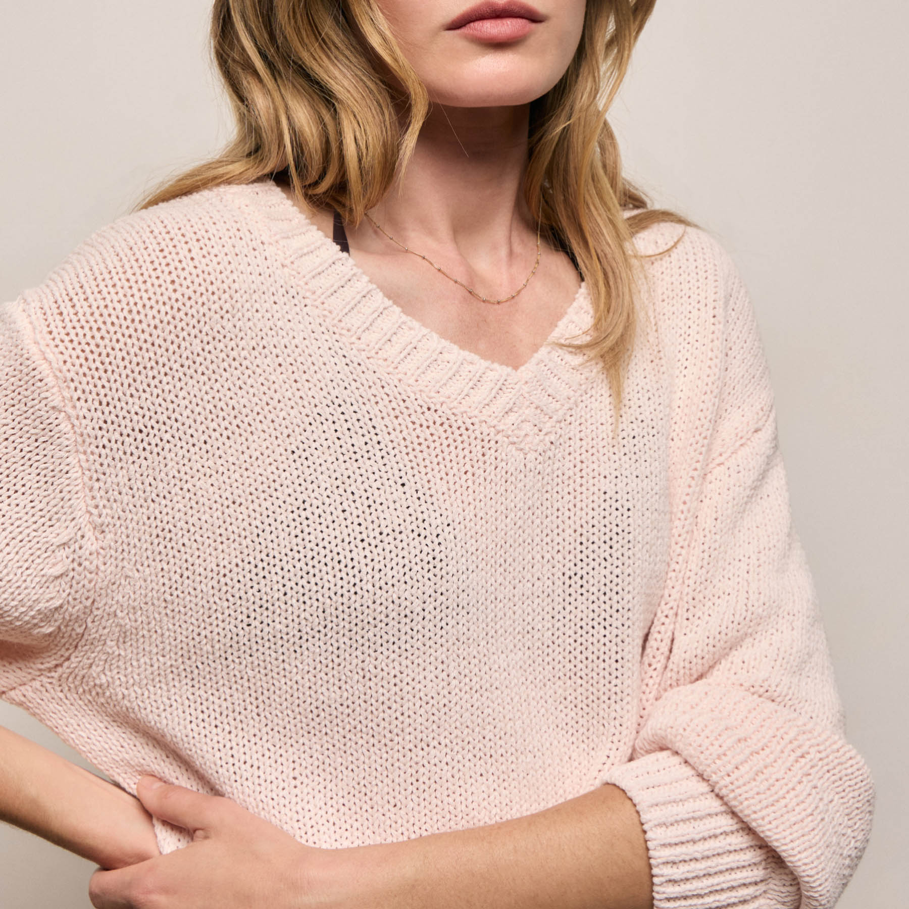 Cotton Linen V Neck Boxy Sweater - Light Rose Quartz