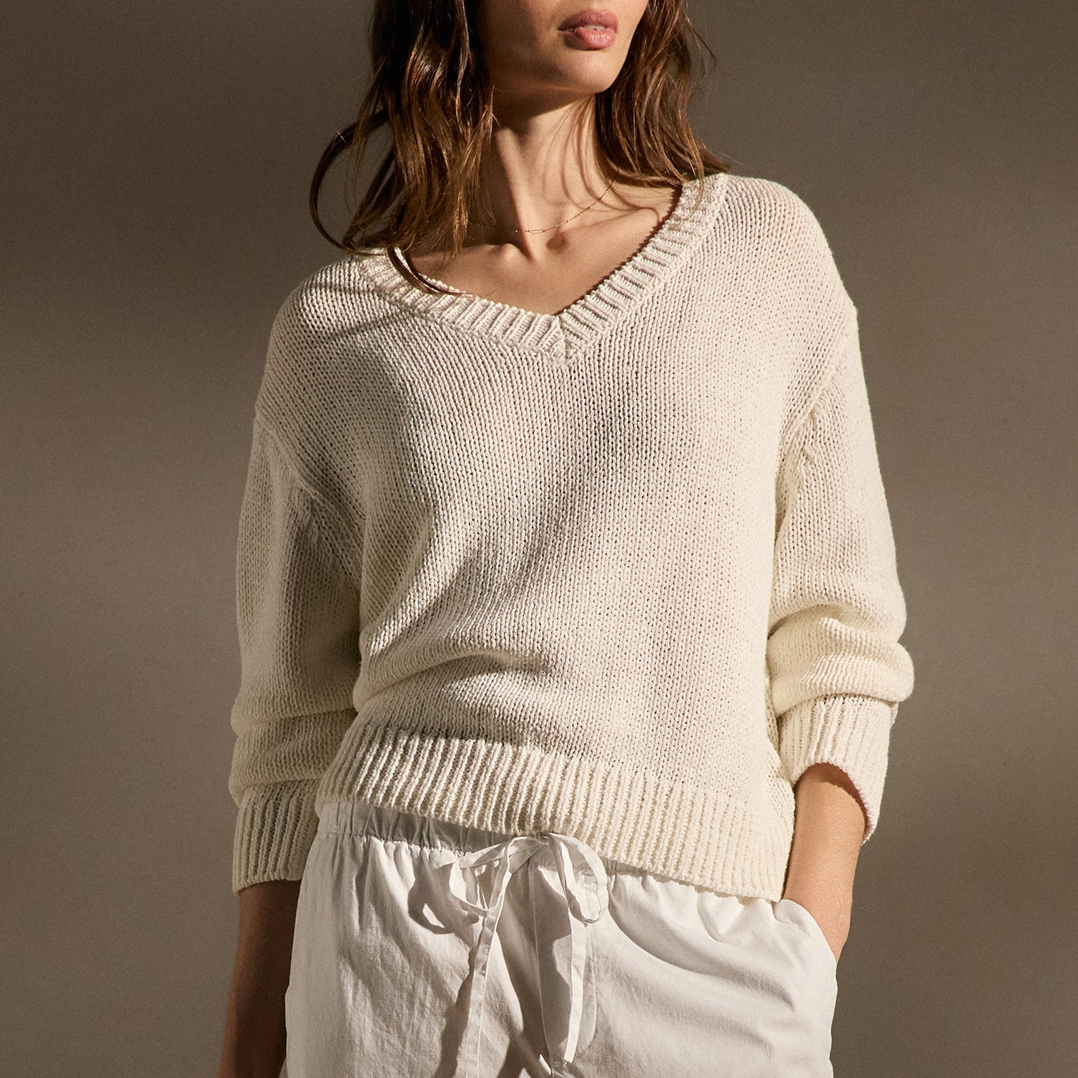Cotton Linen V Neck Boxy Sweater - Off White