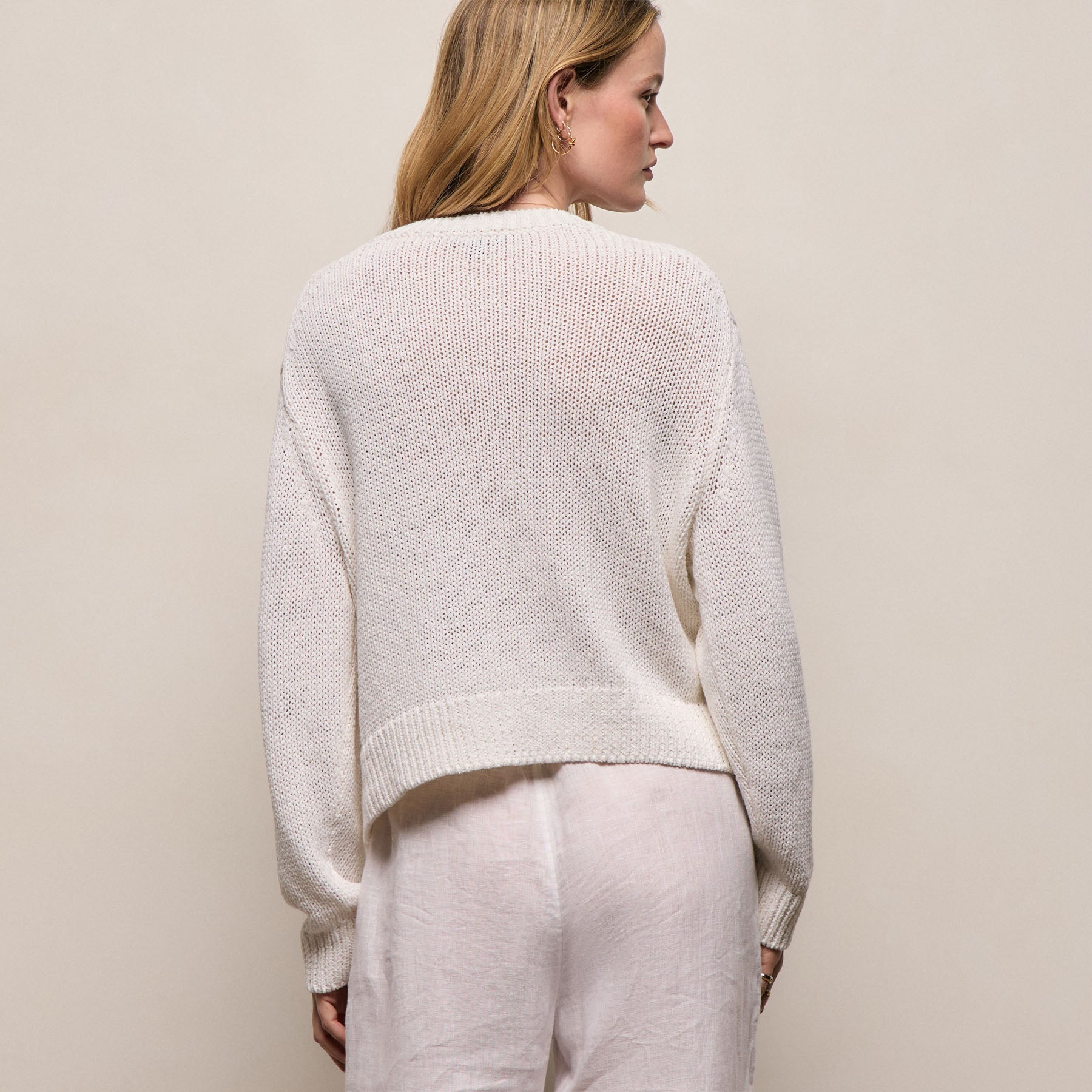 Cotton Linen V Neck Boxy Sweater - Off White