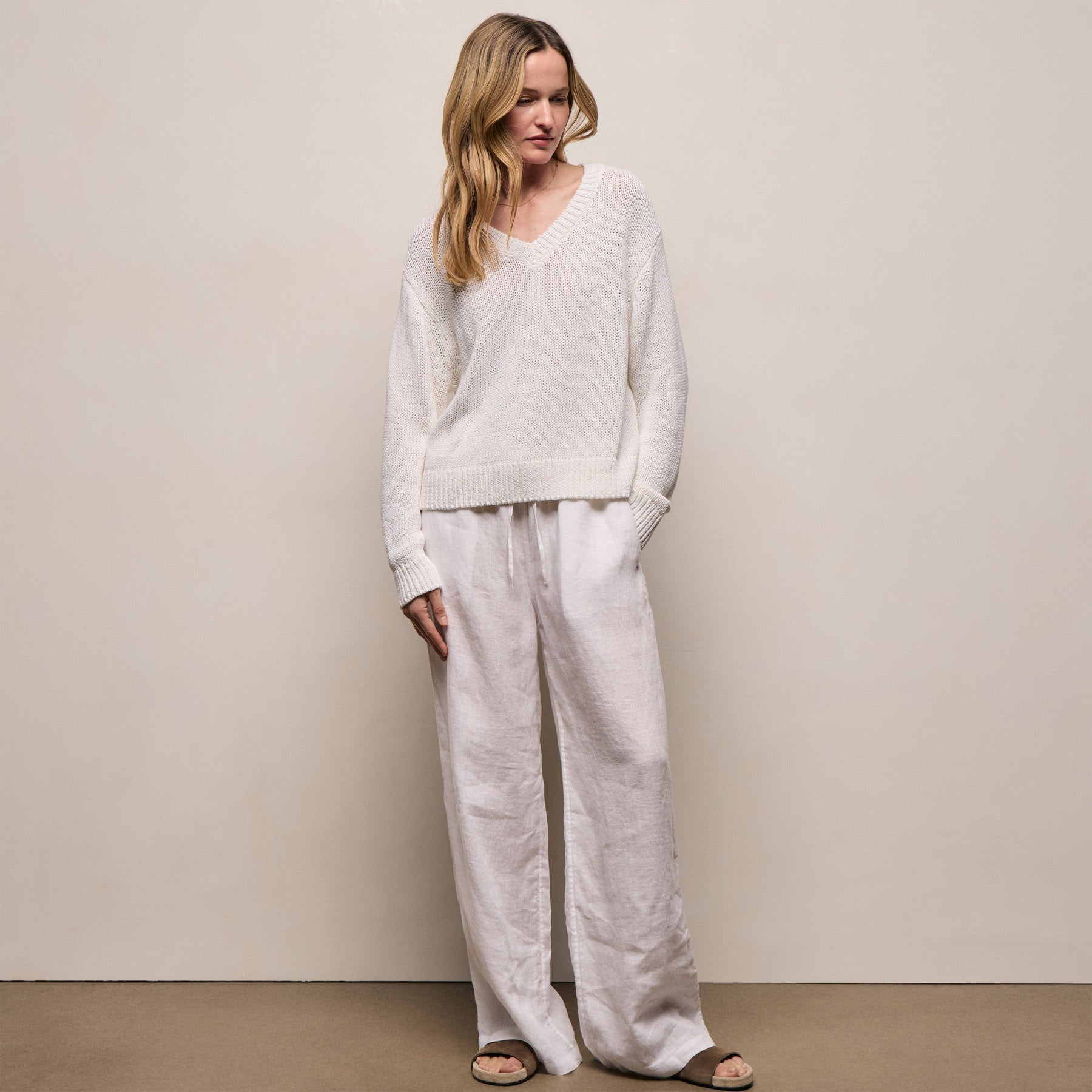Cotton Linen V Neck Boxy Sweater - Off White