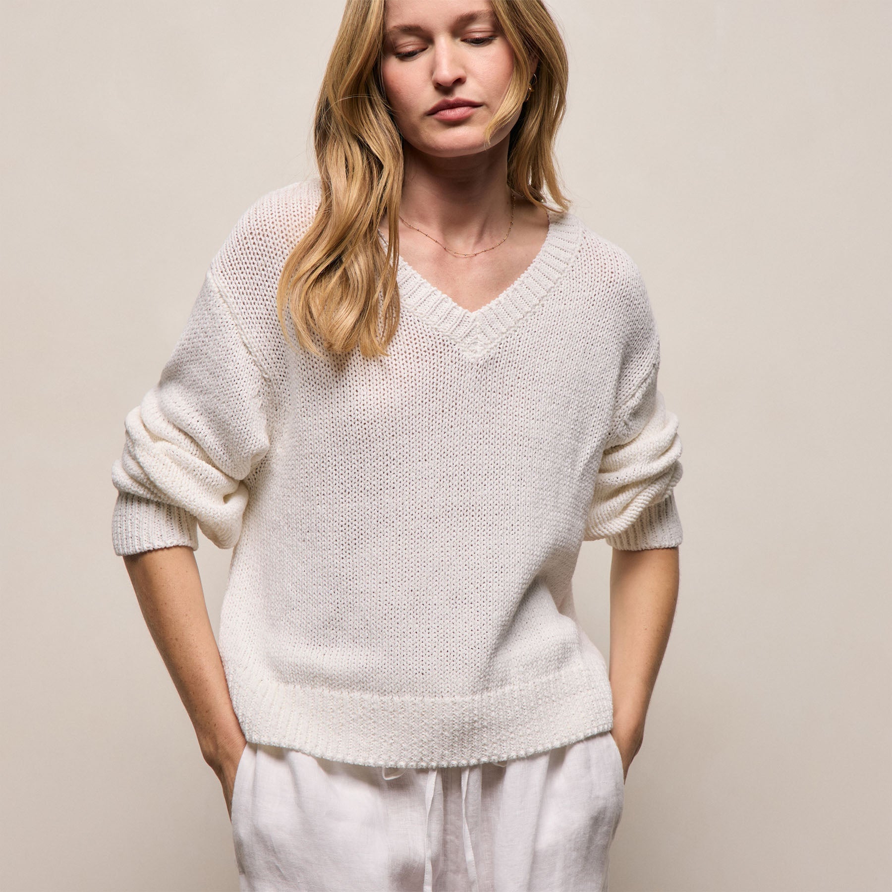Cotton Linen V Neck Boxy Sweater - Off White