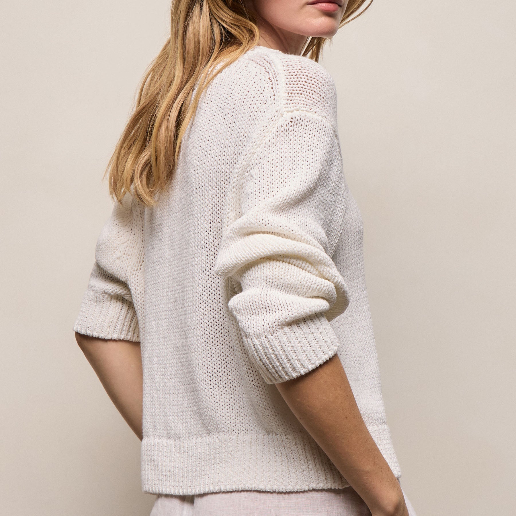 Cotton Linen V Neck Boxy Sweater - Off White