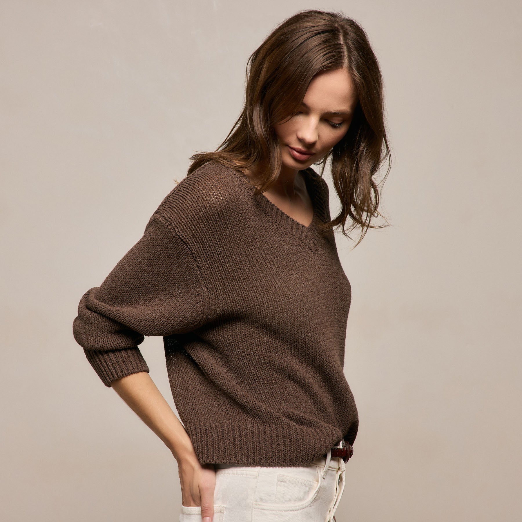 Cotton Linen V Neck Boxy Sweater - Storm