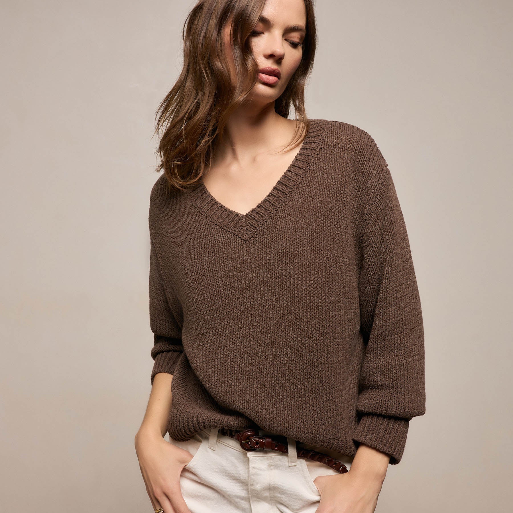Cotton Linen V Neck Boxy Sweater - Storm