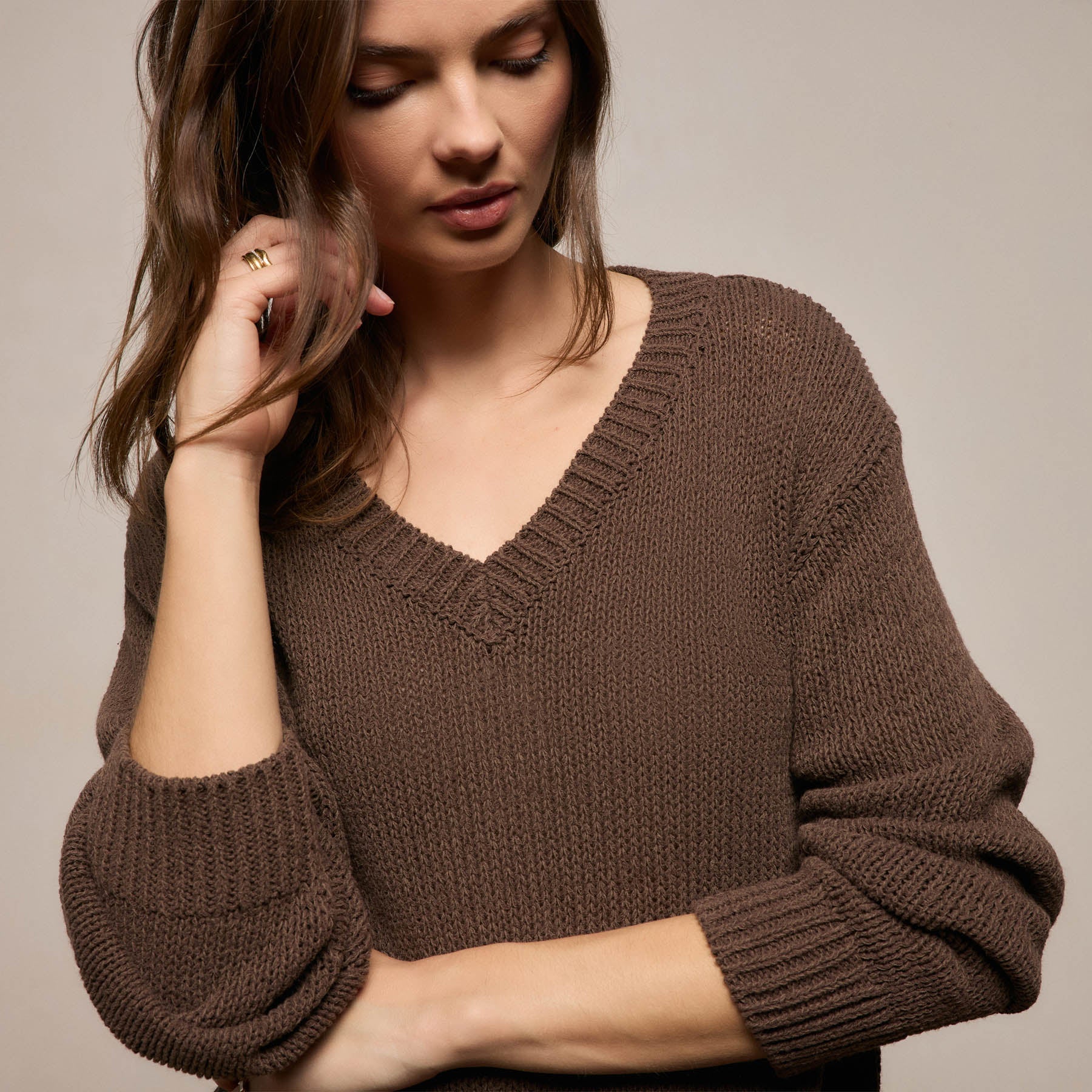 Cotton Linen V Neck Boxy Sweater - Storm