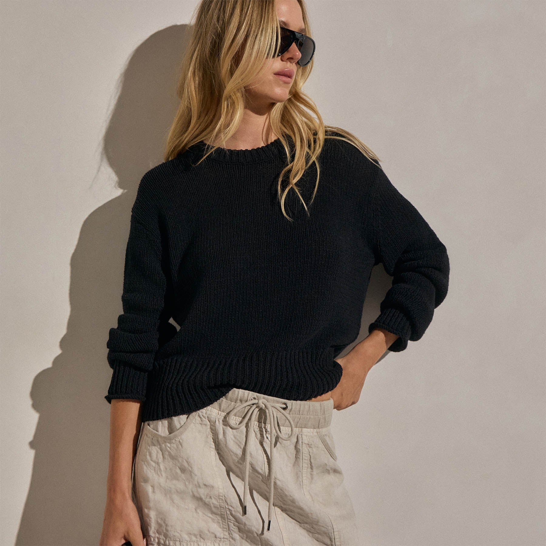Textured Linen Cotton Sweater - Black