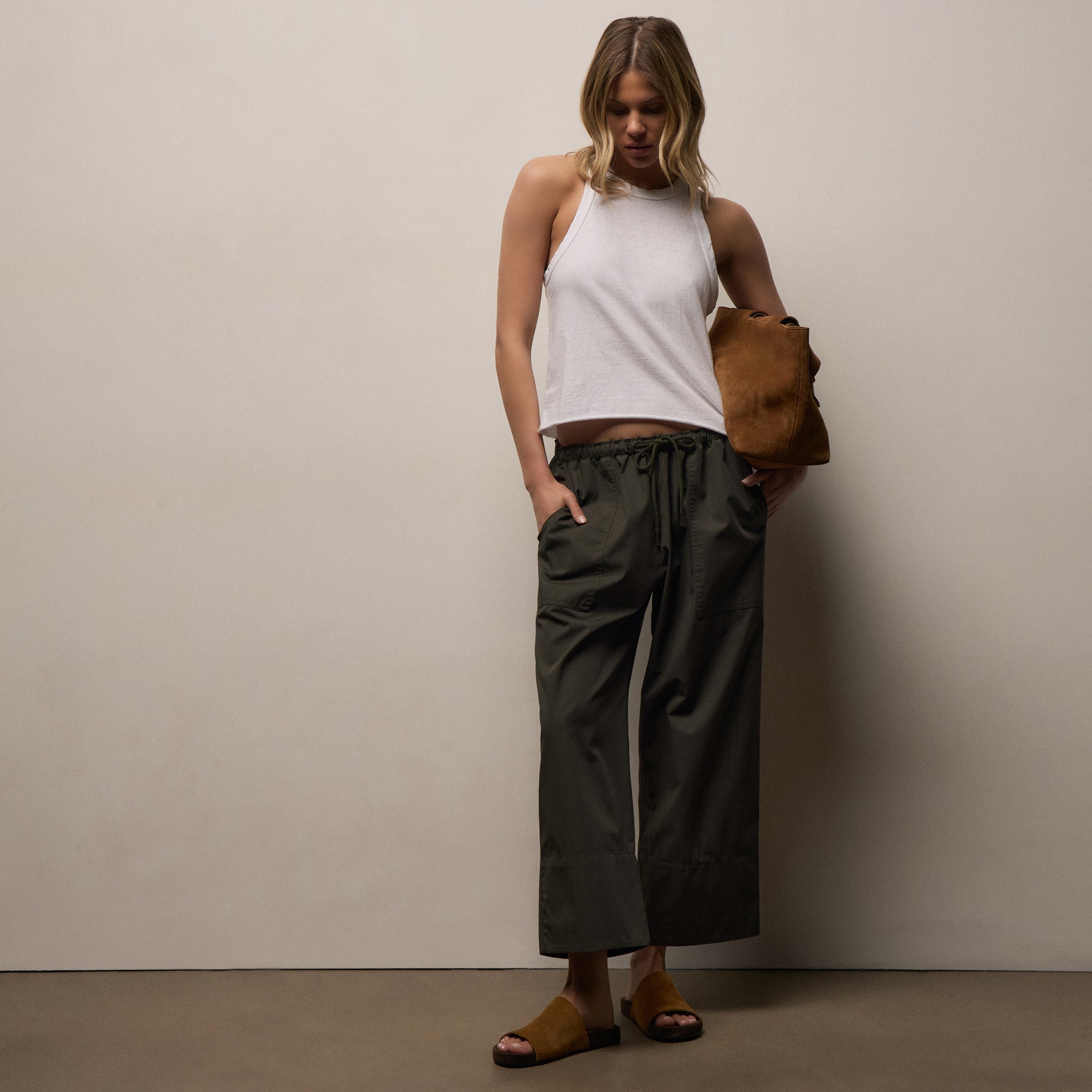 Fine Cotton Twill Crop Pant - Dark Olive
