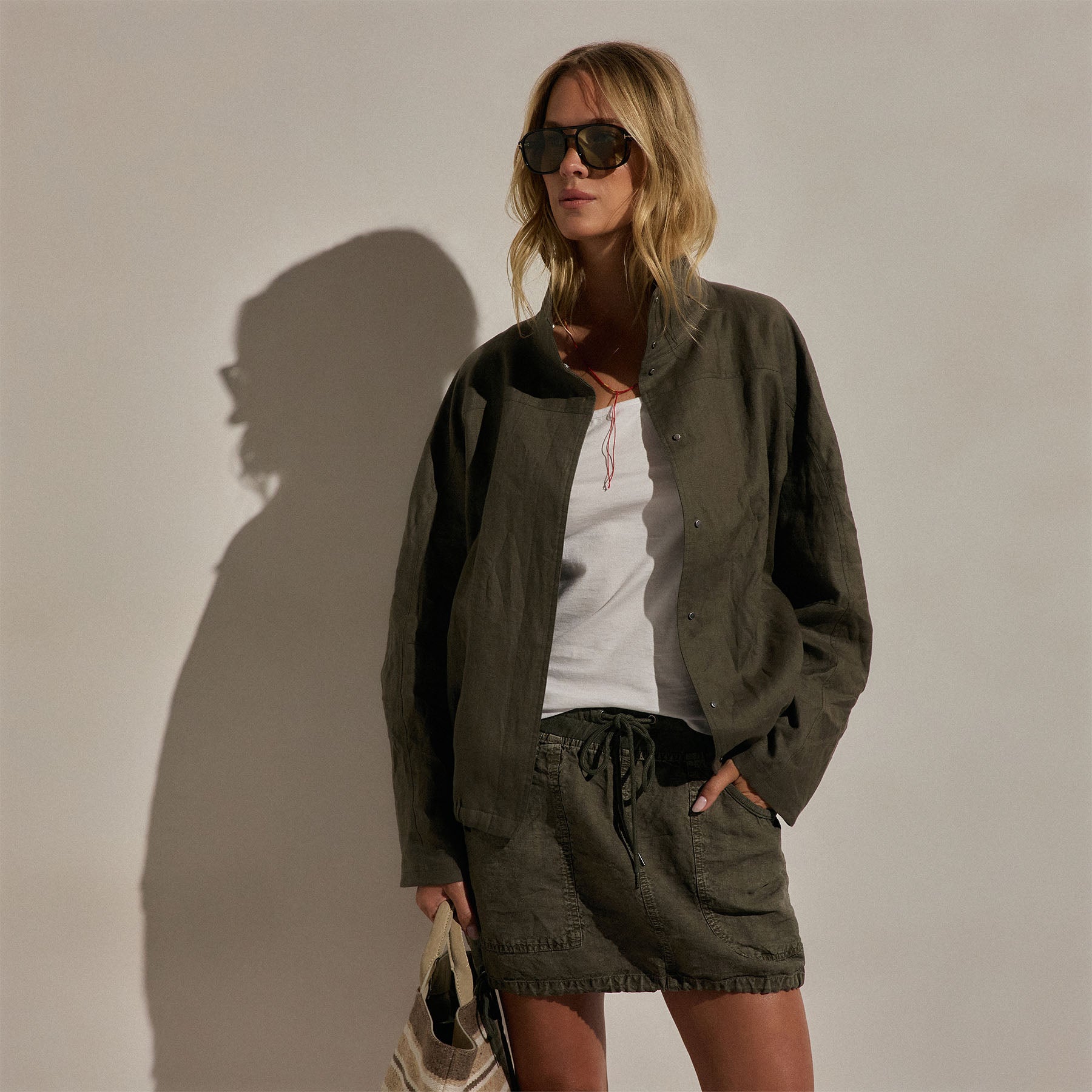 Linen Funnel Neck Jacket - Army Green