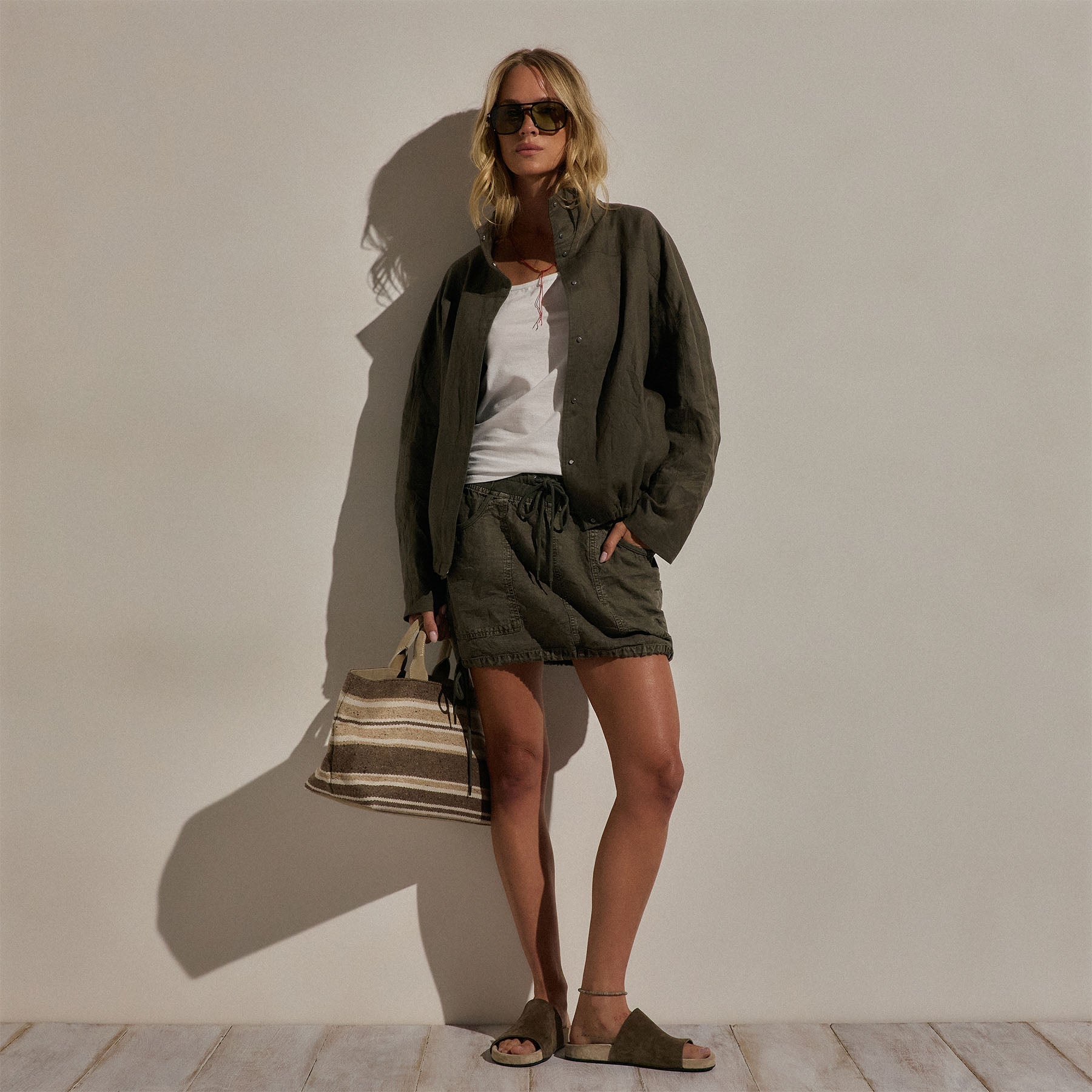 Linen Funnel Neck Jacket - Army Green