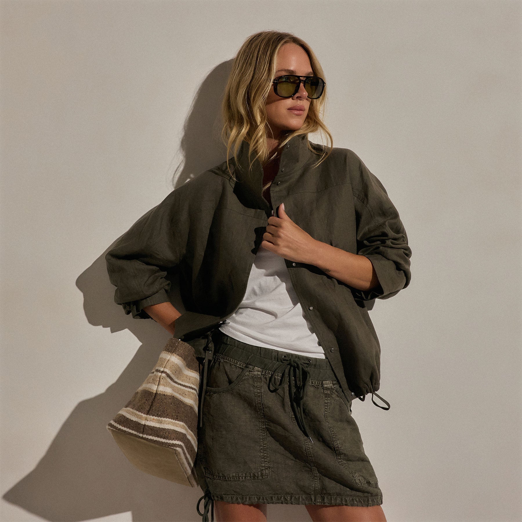 Linen Funnel Neck Jacket - Army Green