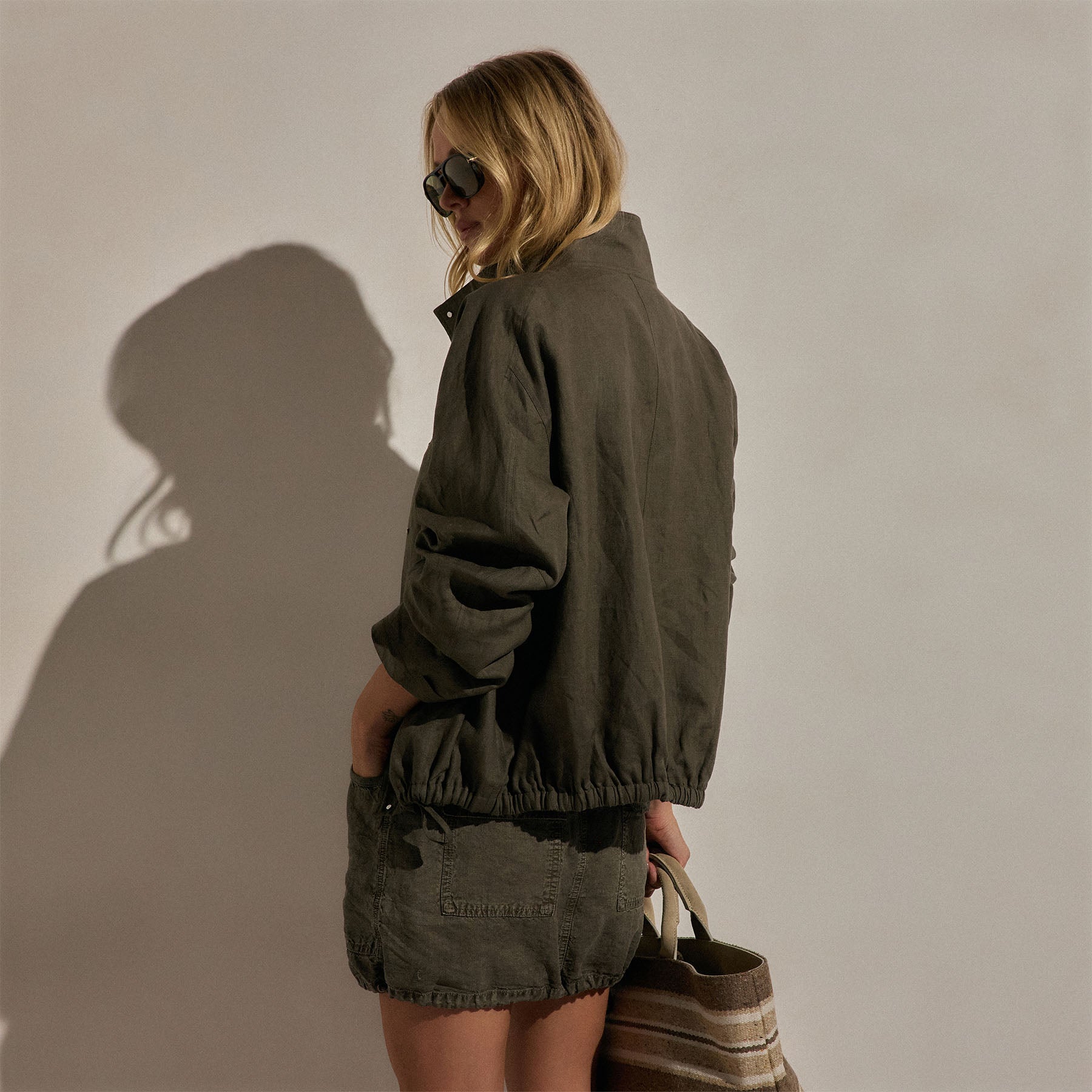 Linen Funnel Neck Jacket - Army Green