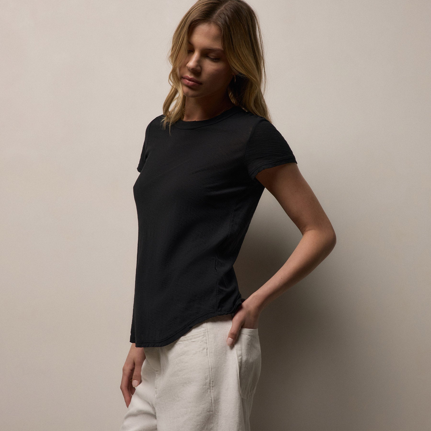 Sheer Slub Crew Neck Tee - Black