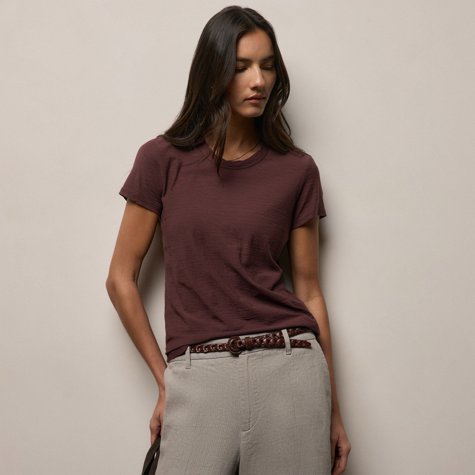 Sheer Slub Crew Neck Tee - Dark Plum