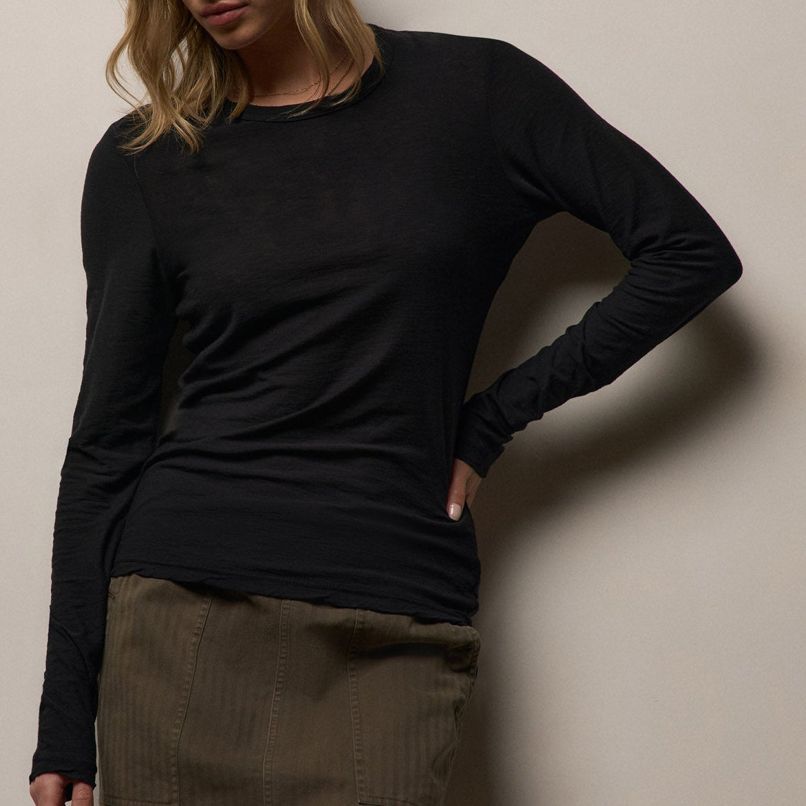 Sheer Slub Long Sleeve Crew - Black