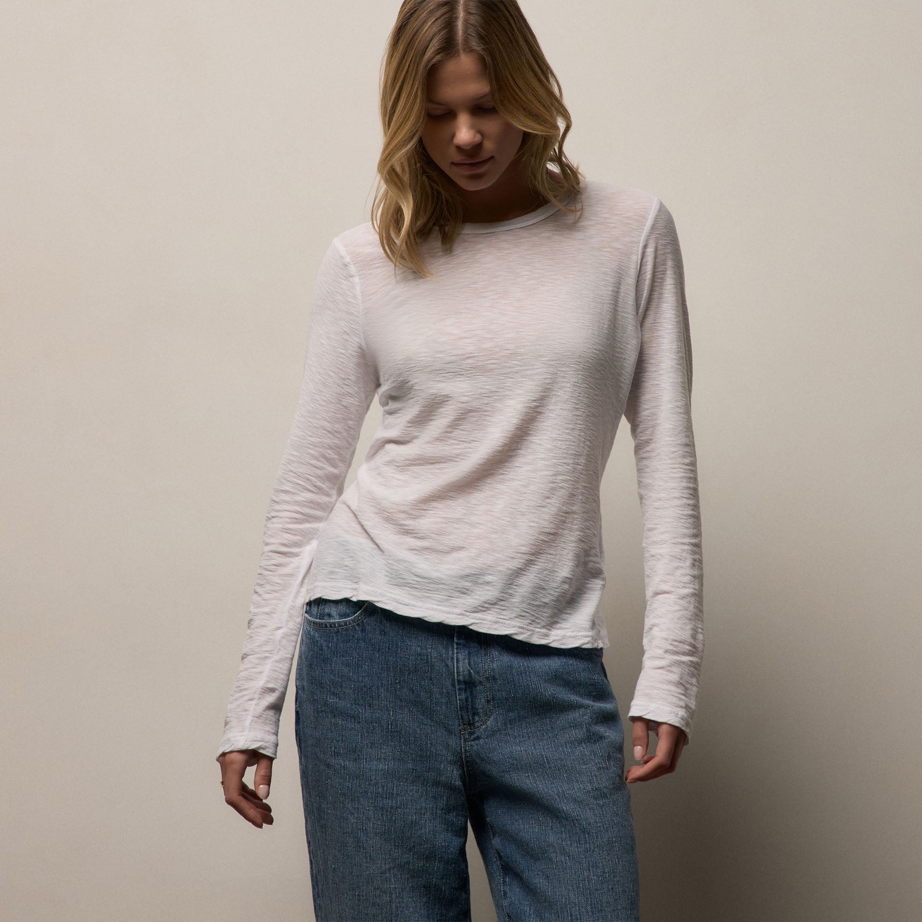 Sheer Slub Long Sleeve Crew - White