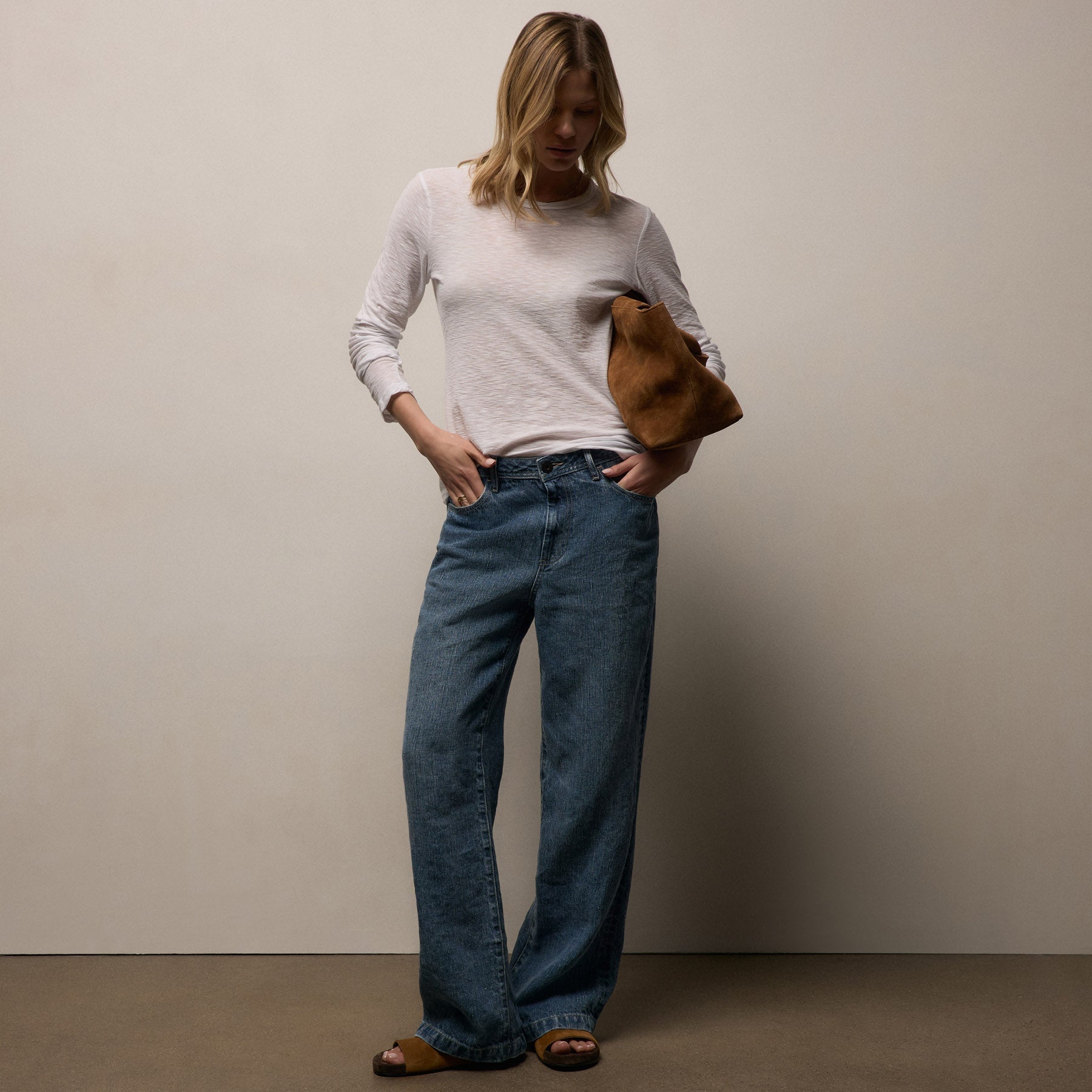 Sheer Slub Long Sleeve Crew - White
