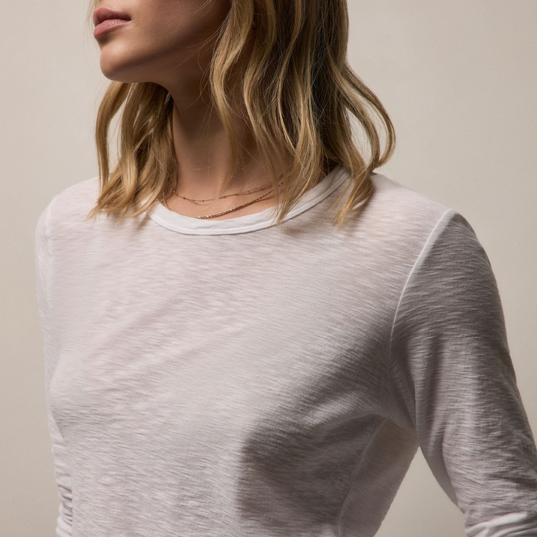 Sheer Slub Long Sleeve Crew - White